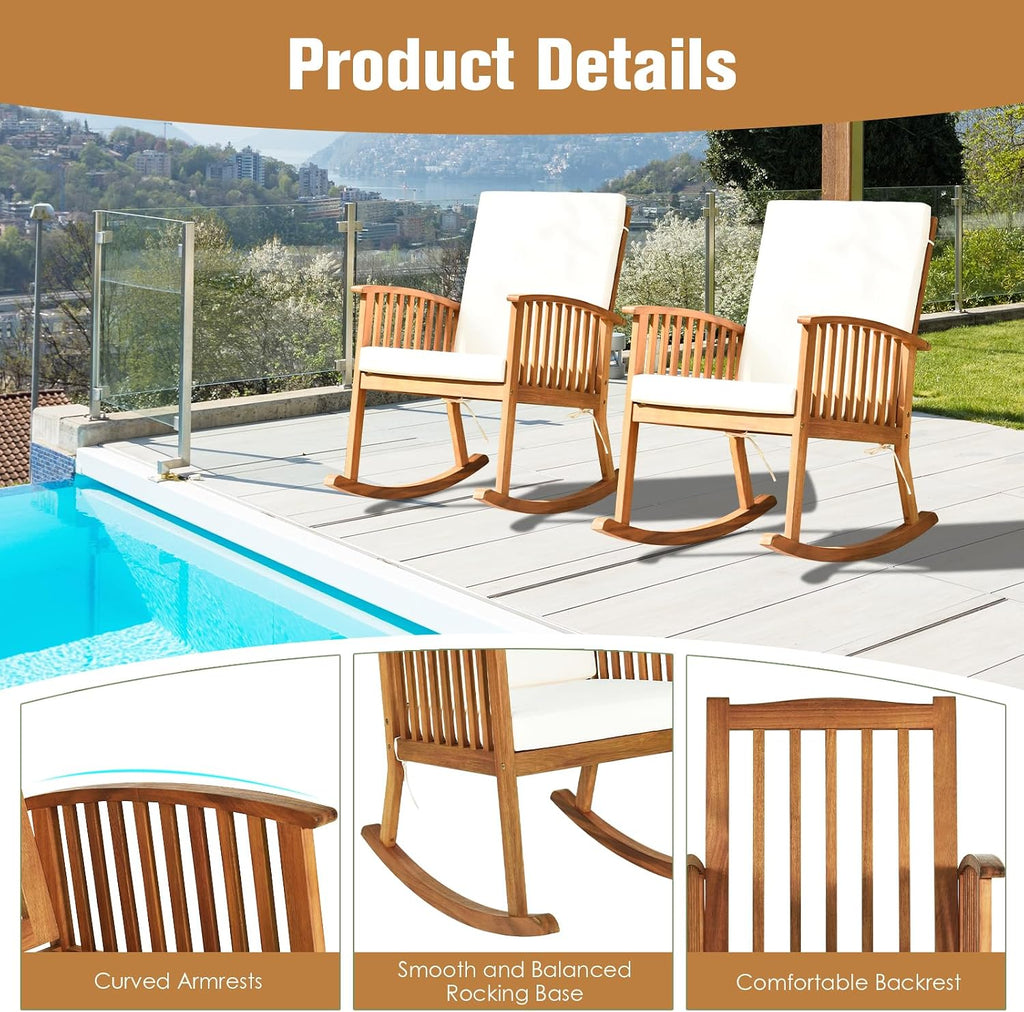 2PCS Rocking Chair Outdoor, Acacia Wooden Rocker Chair with Seat and Back Cushion, Armrests, Comfortable Porch Rocking Chair with 355Lbs Support for Lawn, Patio, Backyard, Garden, Deck, Indoor