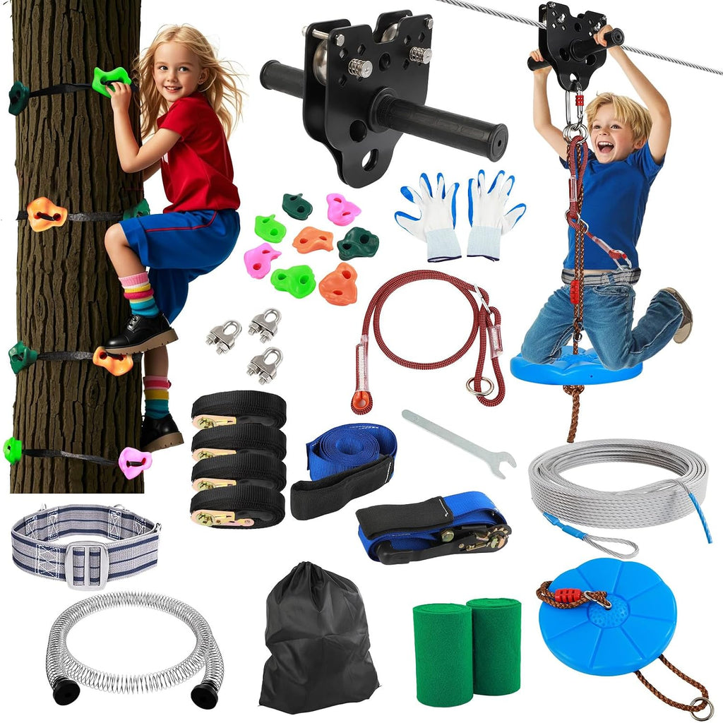 FAHKNS Zip Line Kit for Kids and Adults: 160FT up to 400 lbs - Updated Removable Design Trolley, Thickened Seat, Safety Harness, Quick Tighten Zipline Kits for Outdoor Backyard