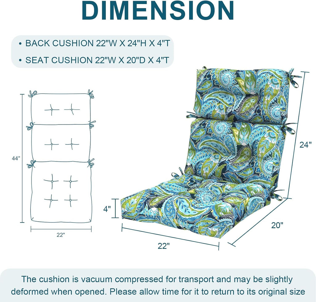 DYTXIII Outdoor High Back Chair Cushions Set of 2, Water Repellent Tufted Rocking Seat Cushions Replacement 44 x 22 Inch, Seat & Back Chair Pads for Patio and Indoor Use -Paisley Blue Green