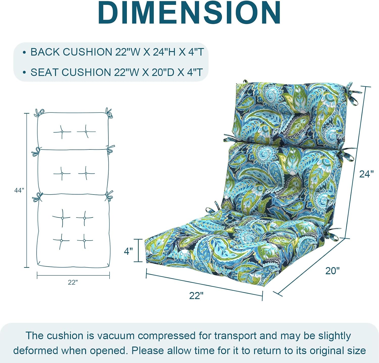 DYTXIII Outdoor High Back Chair Cushions Set of 2, Water Repellent Tufted Rocking Seat Cushions Replacement 44 x 22 Inch, Seat & Back Chair Pads for Patio, Balcony and Indoor Use -Paisley Lapis Green