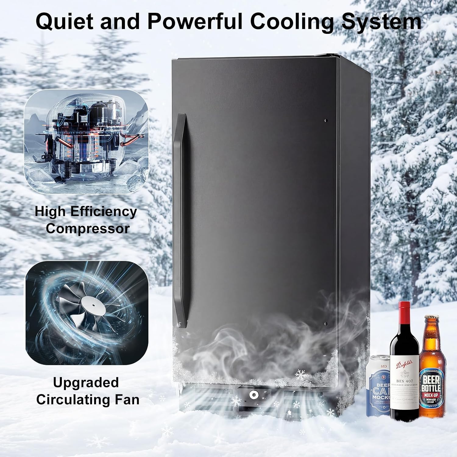 15 Inch Beverage Cooler, 127-Can Stainless Steel Drink Refrigerator with Reversible Door, Built-in or Freestanding Mini Fridge with Blue LED Light, Lock and Key for Indoor Outdoor Use, Black