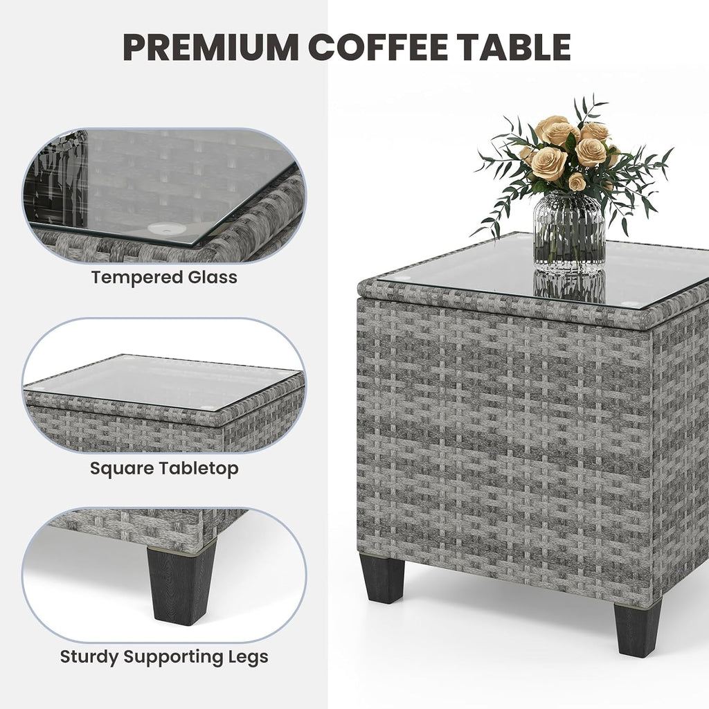 KOTEK 3 Piece Patio Furniture Rocking Bistro Set, Wicker Outdoor Rocking Chairs & Glass Table, PE Rattan Conversation Set for Porch, Balcony, Deck, Poolside (Mix Grey- Navy)
