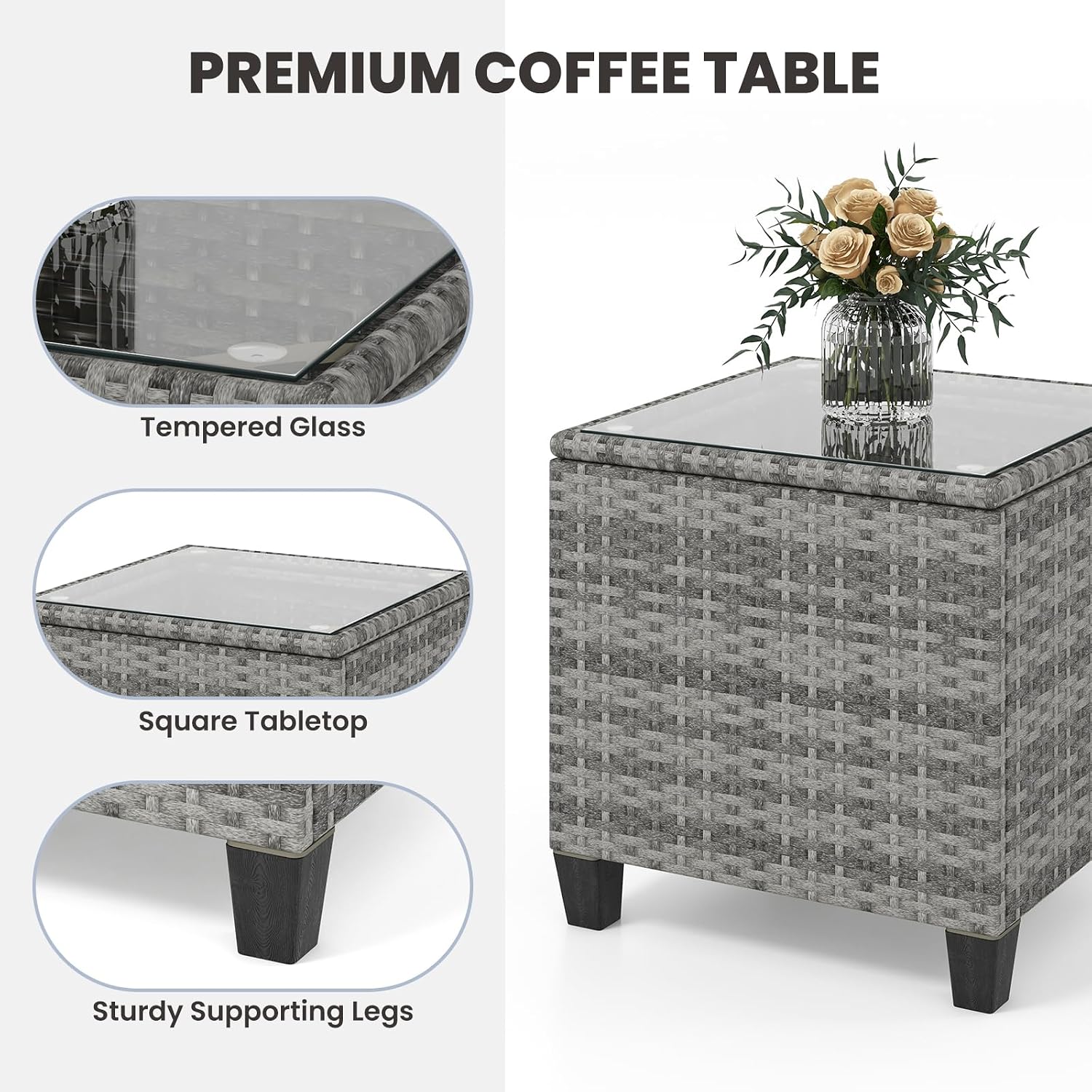 KOTEK 3 Piece Patio Furniture Rocking Bistro Set, Wicker Outdoor Rocking Chairs & Glass Table, PE Rattan Conversation Set for Porch, Balcony, Deck, Poolside (Mix Grey- Navy)