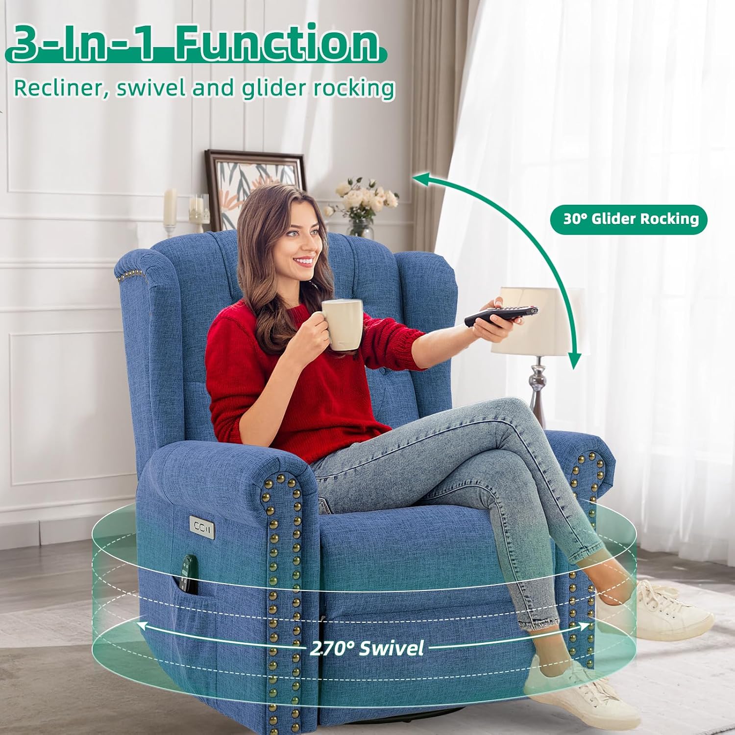 VIVIJASON Power Swivel Rocking Recliner Chair with Massage & Heat, Electric Rocker Glider Chair for Nursery, Wingback Tufted Upholstered Recliner W/Type-C & USB Ports for Living Room, Bedroom, Blue