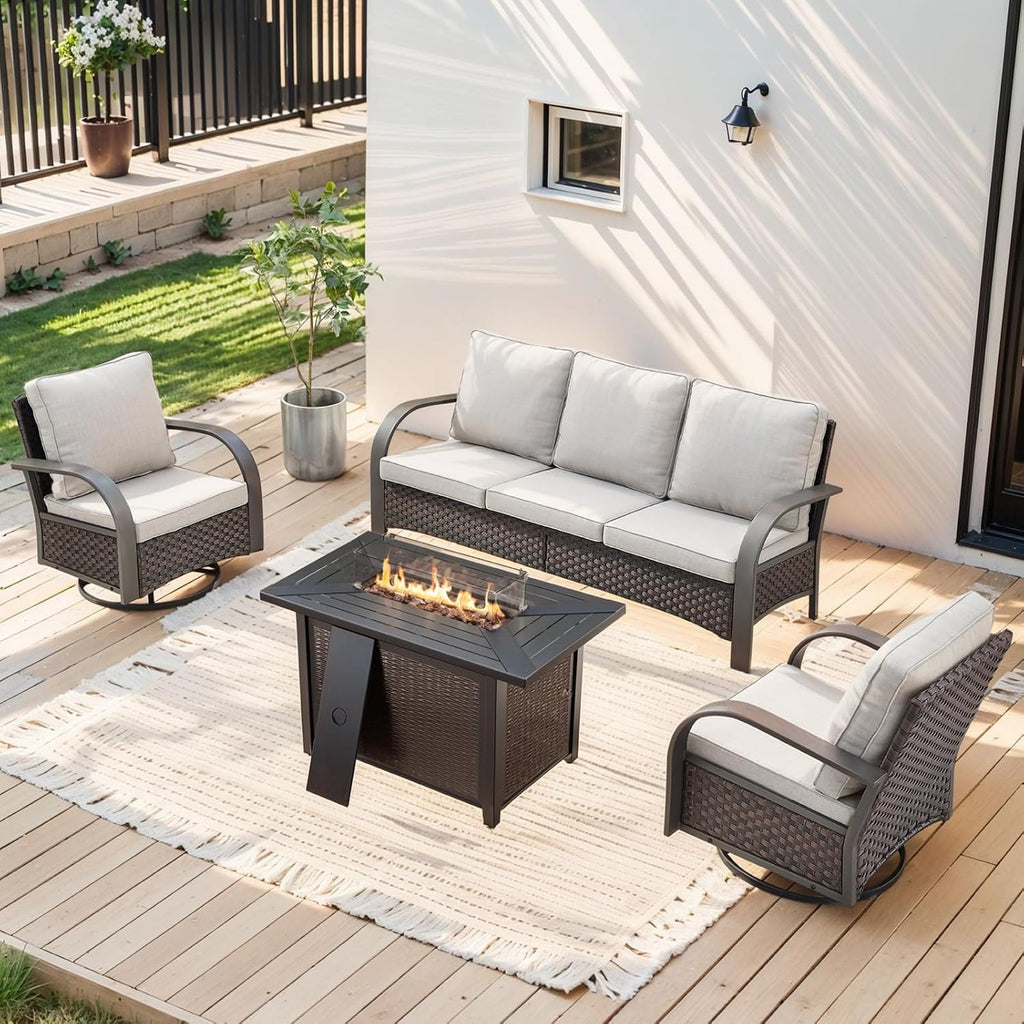 HUMMUH Patio Furniture Set with Fire Pit-Outdoor Swivel Glider Rocking Chair with Patio Sofa Outdoor Conversation Furniture for Deck Porch Garden Poolside Backyard-Brown/Beige