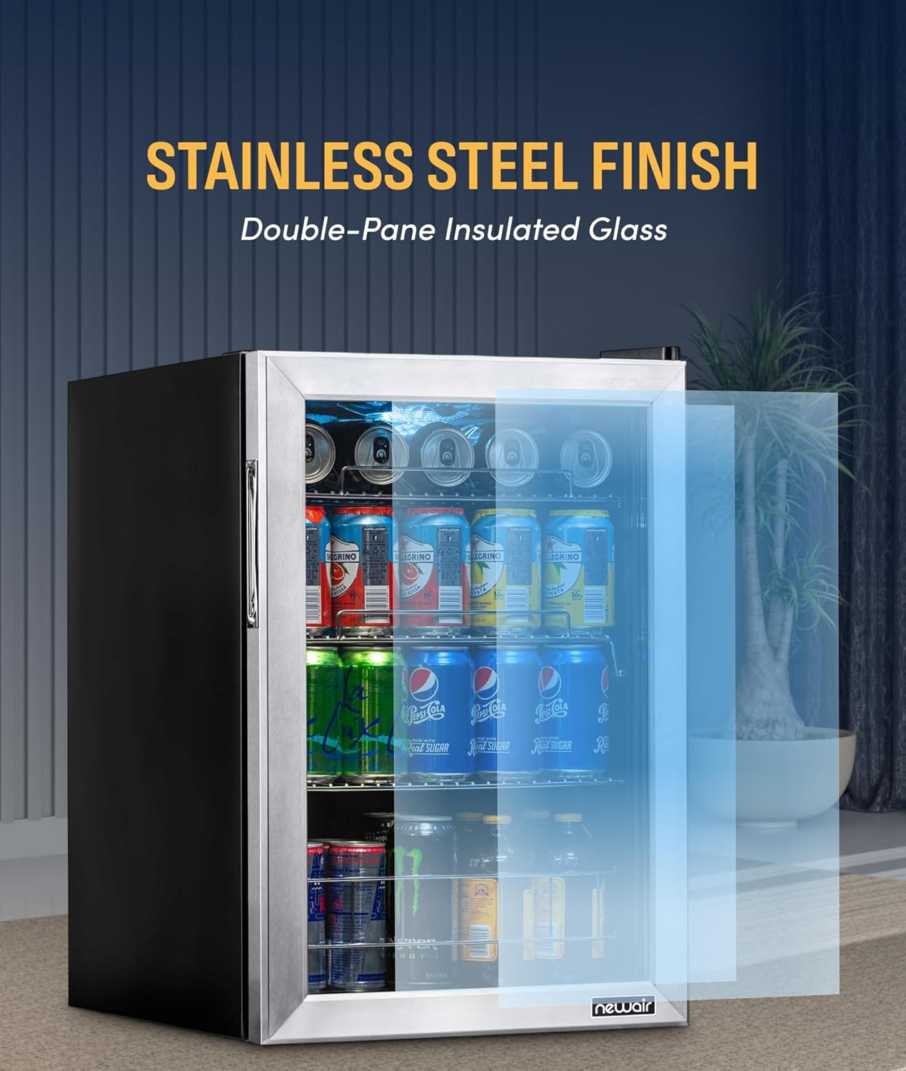 NewAir 90 Can Beverage Refrigerator | 17' Freestanding Small Mini Fridge for Bedroom, Home Bar or Office | Quiet Compressor Cooling & Adjustable Shelves | Stainless Steel