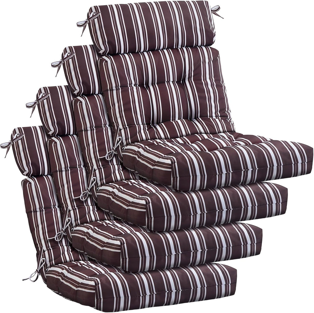 Barydat 4 Pcs Tufted High Back Chair Cushion Indoor Outdoor Seat and Back Cushions Palm Leaves Tropical Plants Lawn Rocking Chair Pads with Ties for Adirondack Patio Garden(Brown Stripes)