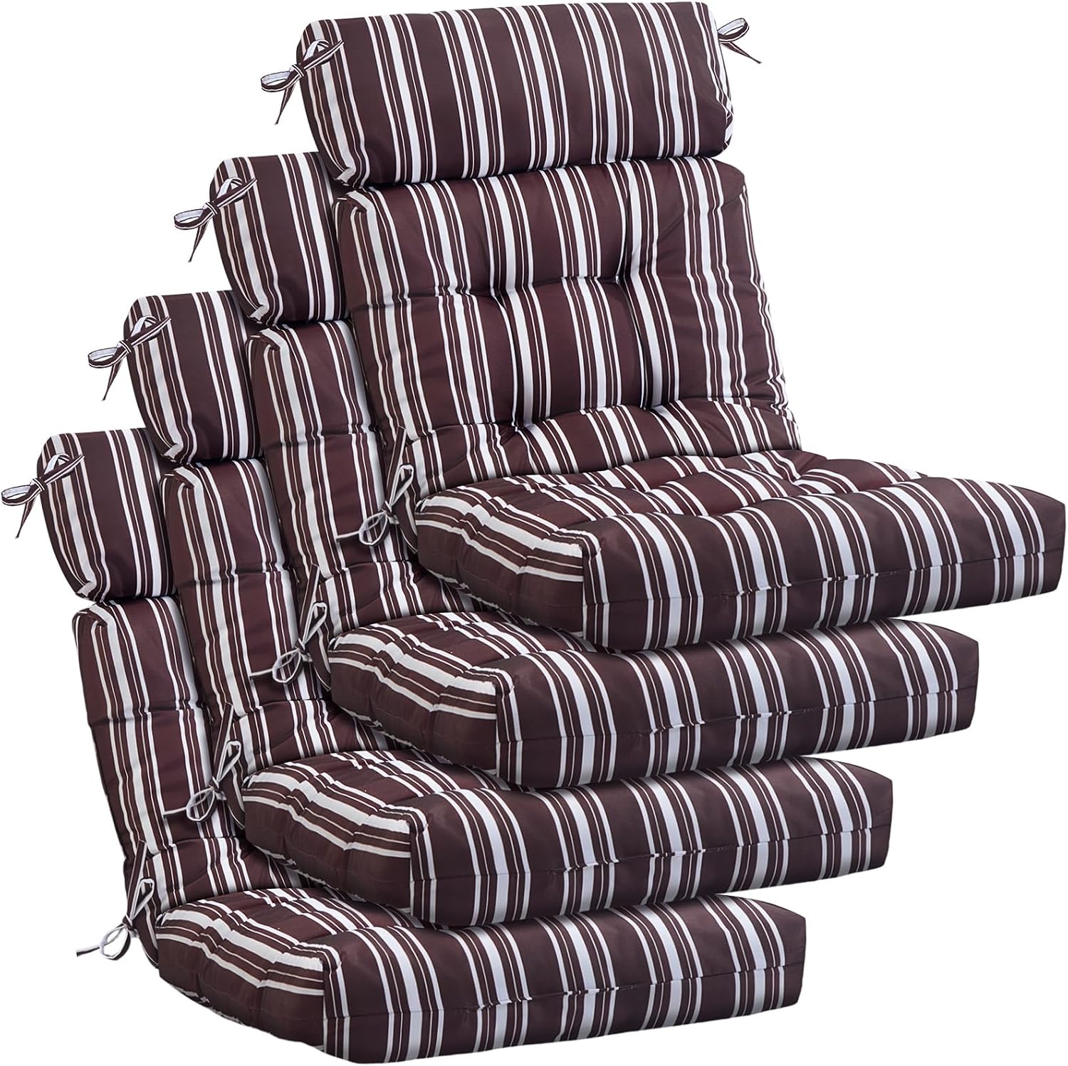 Barydat 4 Pcs Tufted High Back Chair Cushion Indoor Outdoor Seat and Back Cushions Palm Leaves Tropical Plants Lawn Rocking Chair Pads with Ties for Adirondack Patio Garden(Brown Stripes)