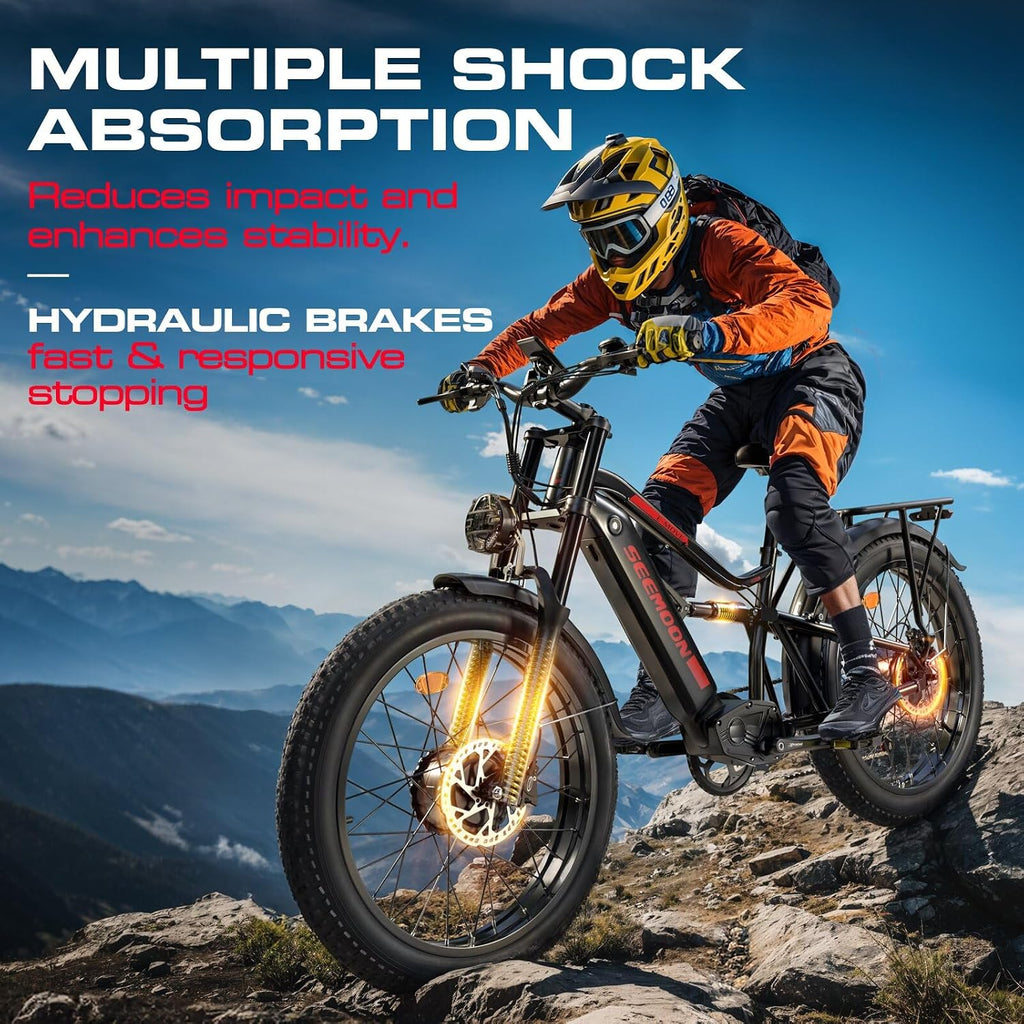Seemoon 4000W Dual Motor Electric Bike for Adults,36 MPH Max up to100-Miles,52V 20Ah Battery & 160 Nm ,26' Fat Tire Mountain Ebike for Men Women,Full Suspension E-bike for Commuter Hunting Off-Road