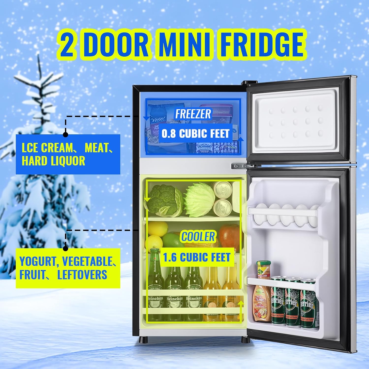 Small Fridge with Freezer Small Refrigerator 2.4 Cu.ft Fridge Dual Door Apartment Size for Personal Senven Temp Gear Silver