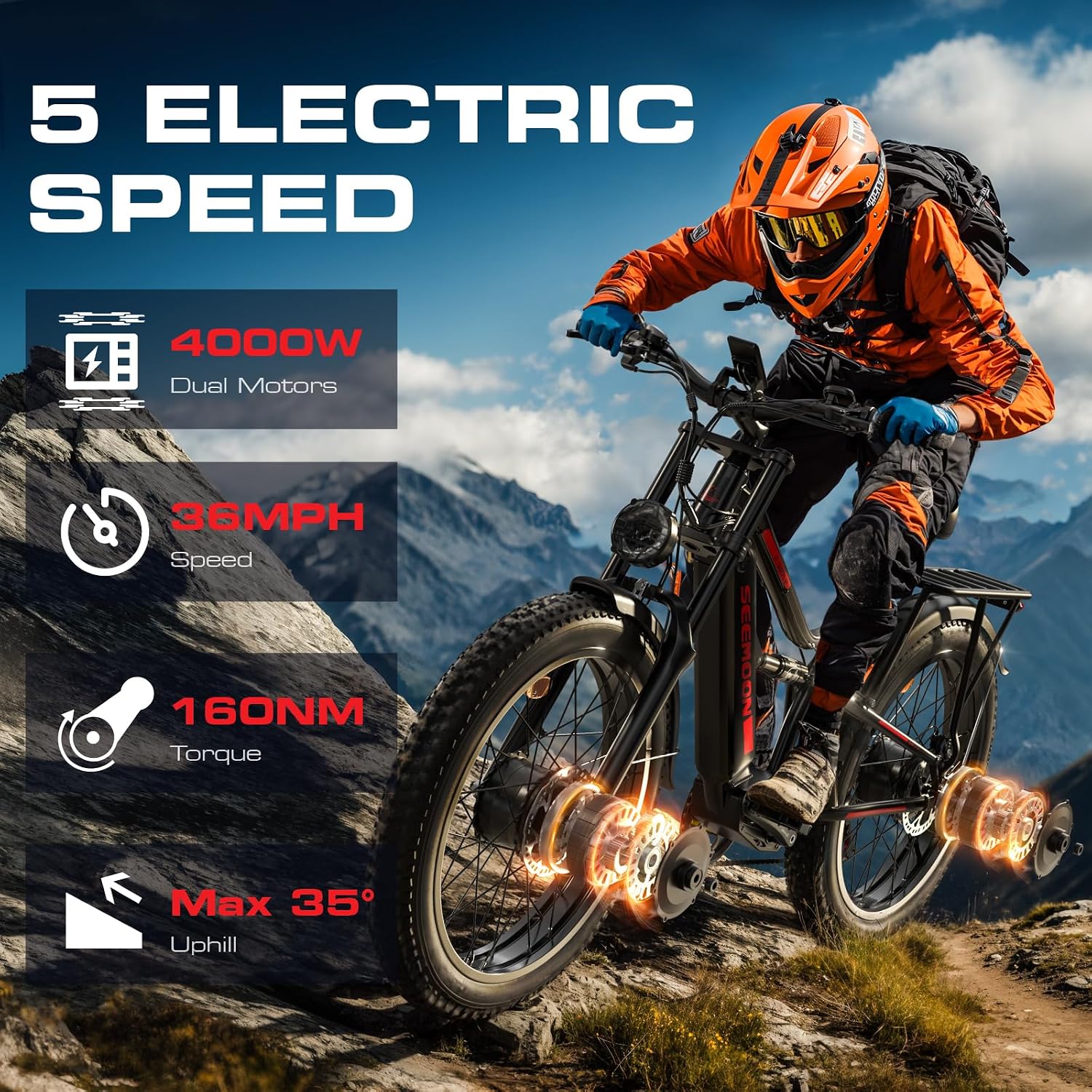 Seemoon 4000W Dual Motor Electric Bike for Adults,36 MPH Max up to100-Miles,52V 20Ah Battery & 160 Nm ,26' Fat Tire Mountain Ebike for Men Women,Full Suspension E-bike for Commuter Hunting Off-Road