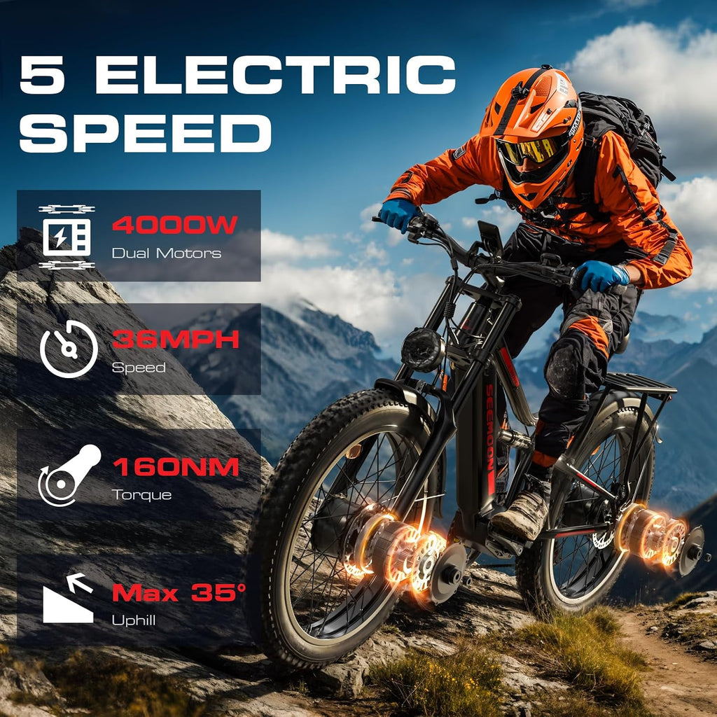 Seemoon 4000W Dual Motor Electric Bike for Adults,36 MPH Max up to100-Miles,52V 20Ah Battery & 160 Nm ,26' Fat Tire Mountain Ebike for Men Women,Full Suspension E-bike for Commuter Hunting Off-Road