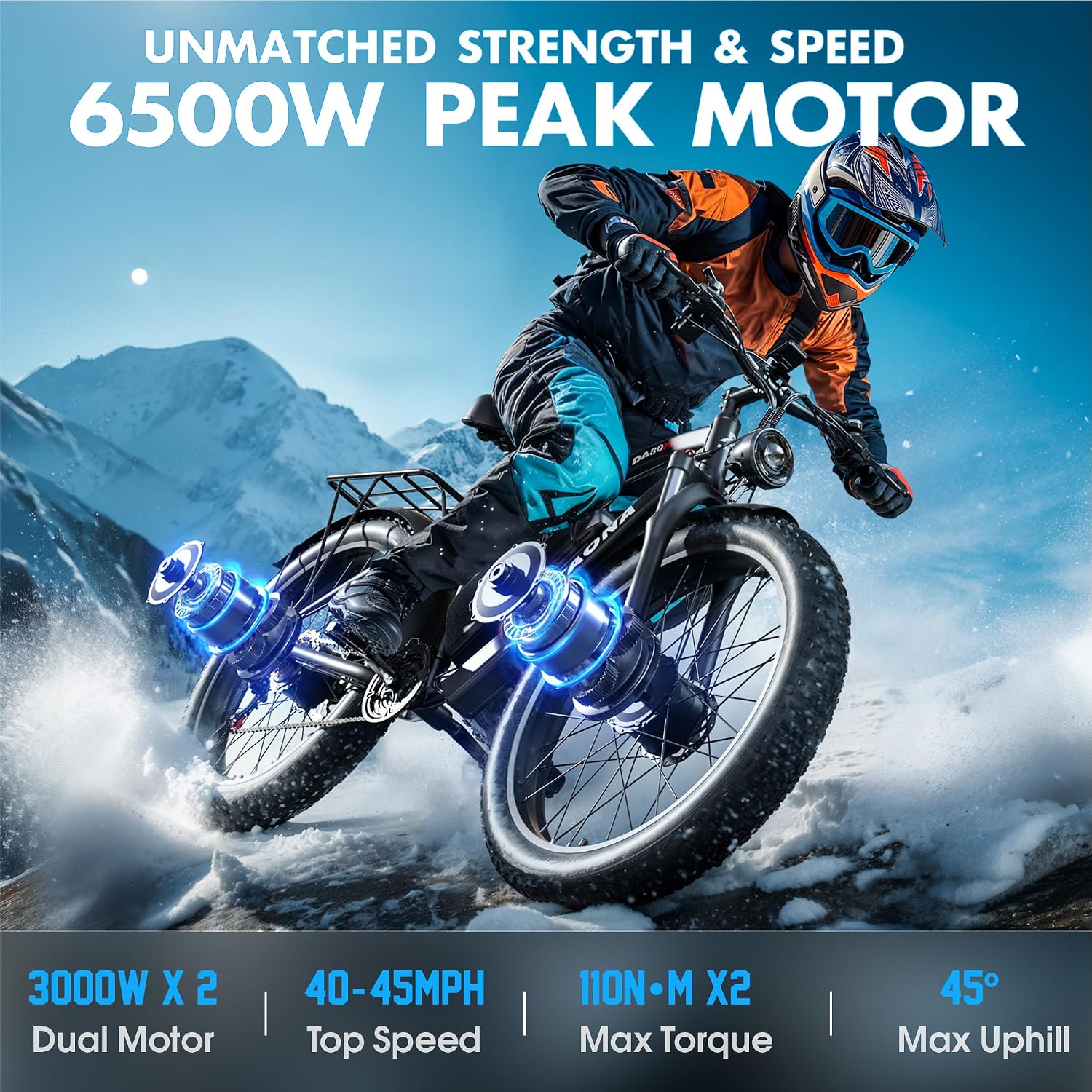 DATAONA 6500W Dual Motor Ebike for Adults Men 20MPH - Fast Electric Bike with 52V 32Ah Battery Up to 100 Miles, Lockable Suspension 24' Fat Tire Electric Bicycle for Off-Road Mountain Snow Commuter UL