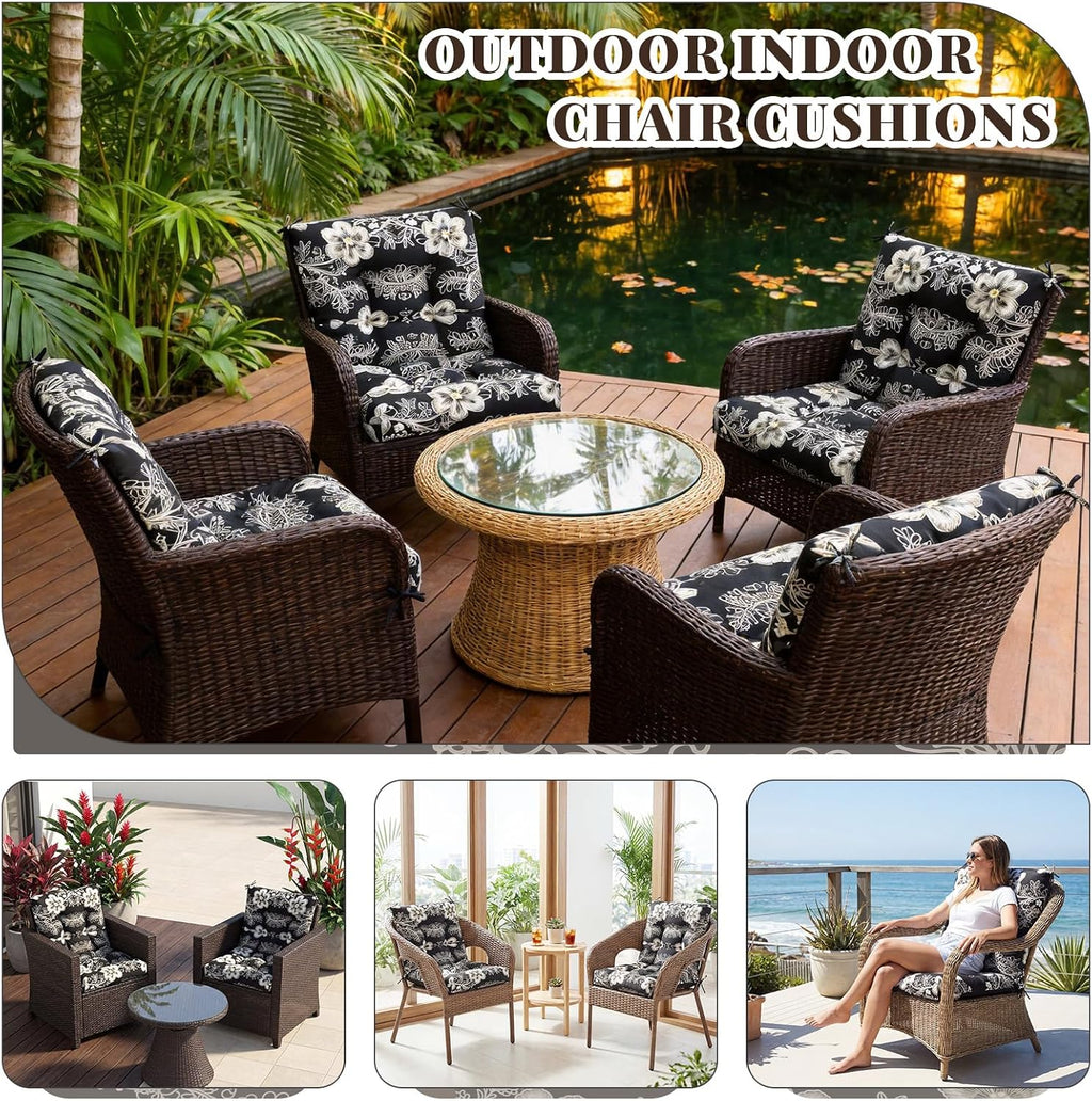 Marsui 4 Pcs Outdoor Indoor High Back Chair Cushions Patio Furniture Tufted Pillow with Ties Water-Resistant Replacement Outdoor Rocking Chair Cushions, 42 x 21 Inches (Black,Flower)