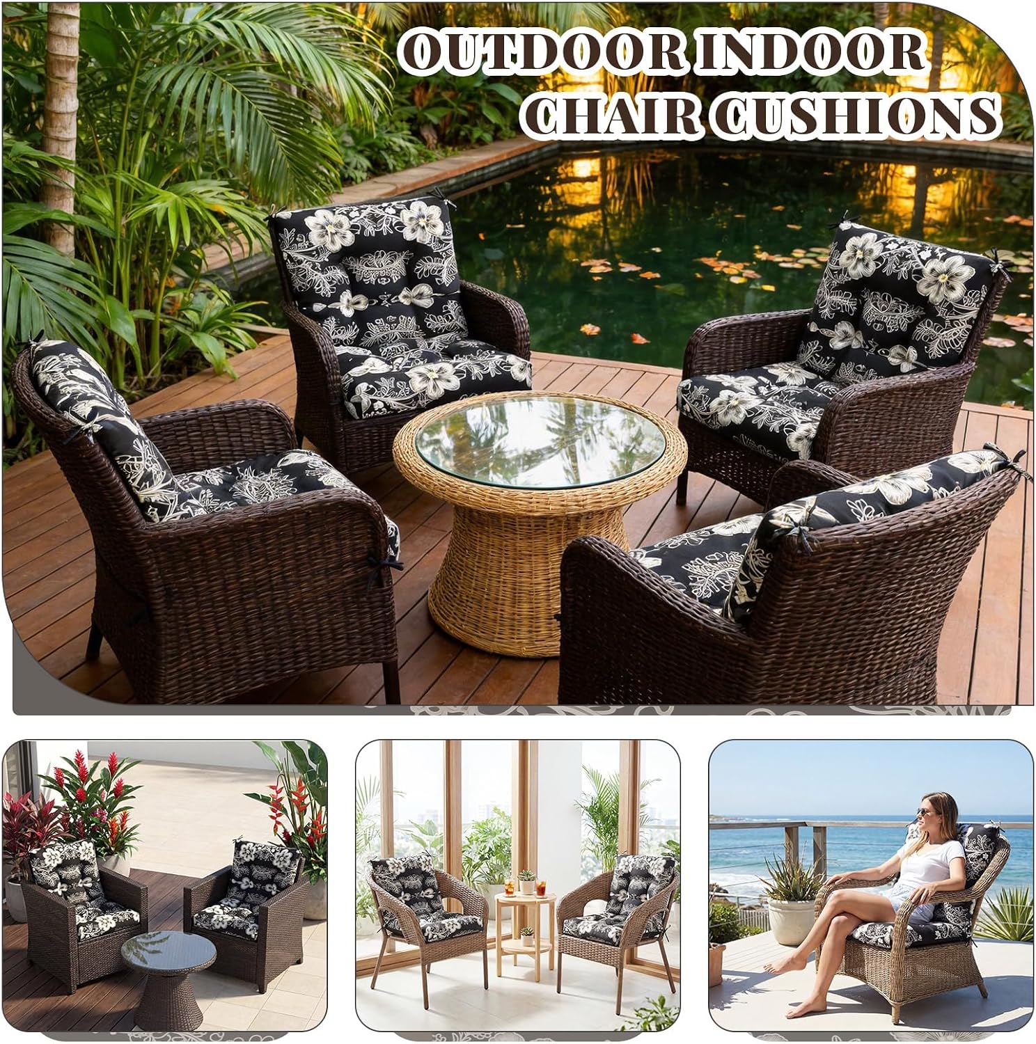 Marsui 4 Pcs Outdoor Indoor High Back Chair Cushions Patio Furniture Tufted Pillow with Ties Water-Resistant Replacement Outdoor Rocking Chair Cushions, 42 x 21 Inches (Black,Flower)