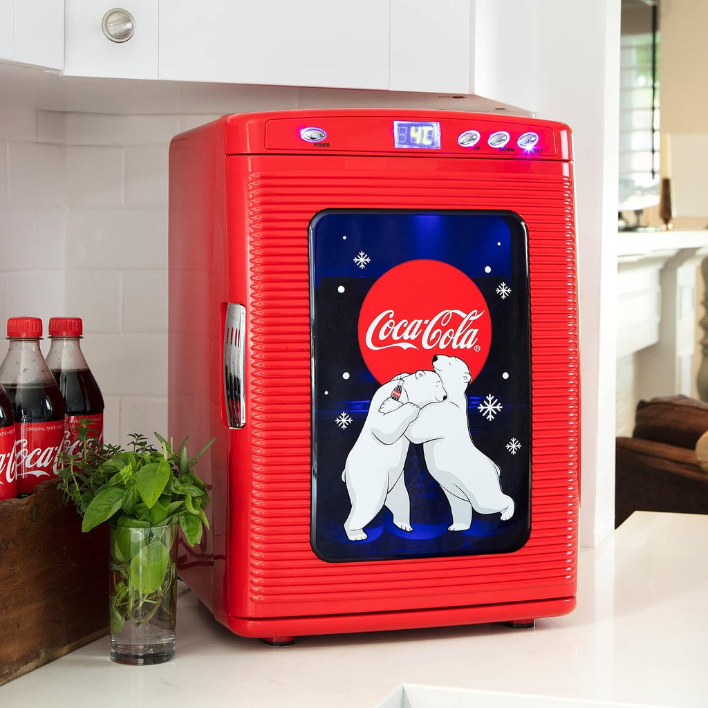 Coca-Cola 25L Retro Mini Fridge Polar Bear Design Portable Cooler/Warmer for Snacks Drinks Skincare Cosmetics with AC DC Capable Ideal for Bedroom Office Dorm Travel