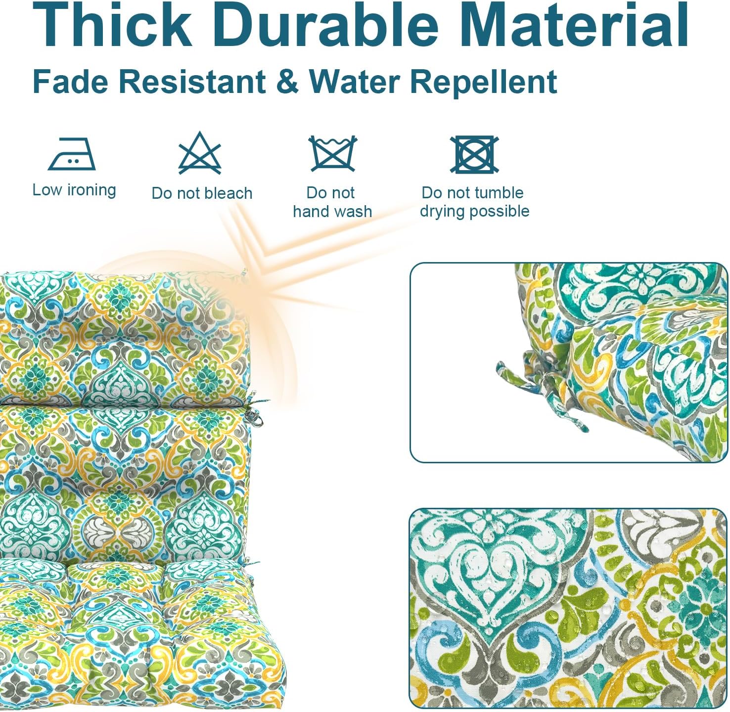 DYTXIII Outdoor High Back Chair Cushions Set of 2, Water Repellent Tufted Rocking Seat Cushions Replacement 44 x 22 Inch, Seat & Back Chair Pads for Patio, Balcony and Indoor Use -Damask Green