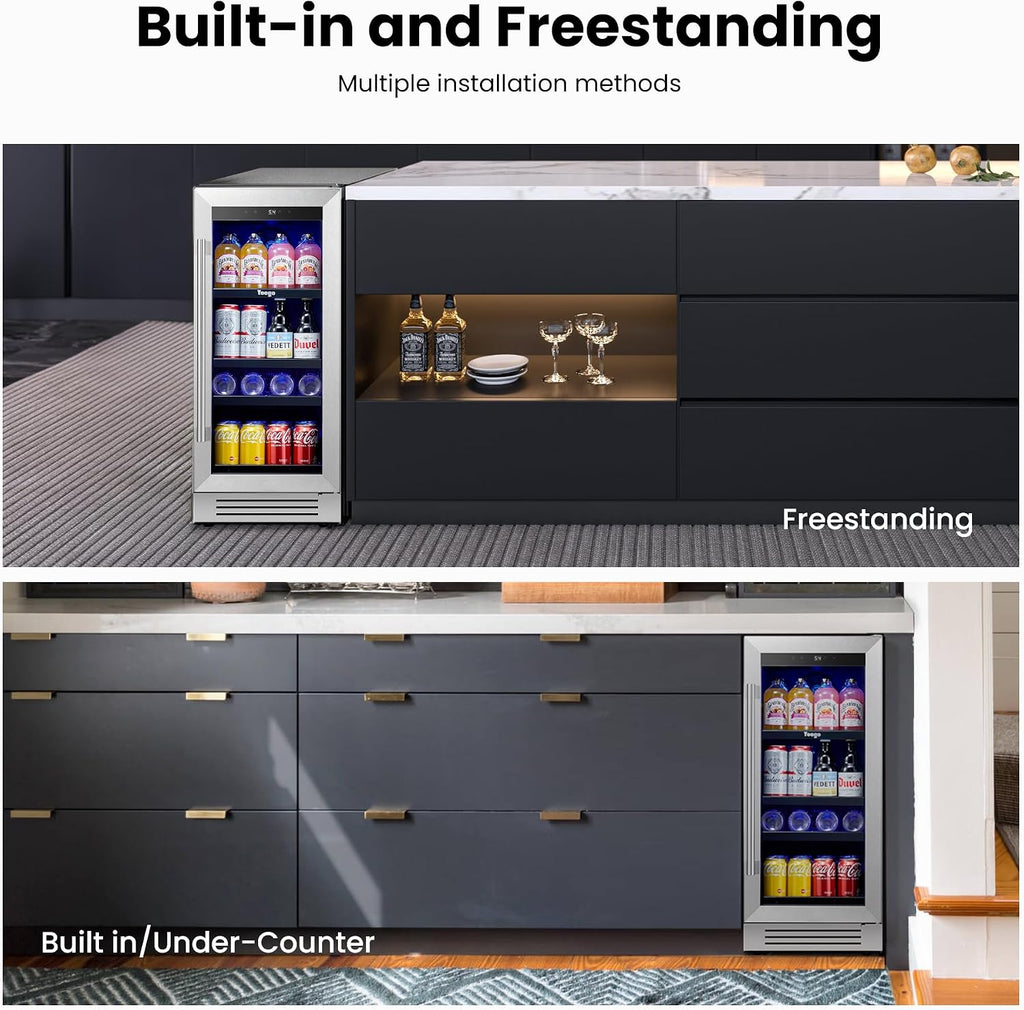 Yeego Beverage Refrigerator Cooler - 15 inch 100 Cans Mini Fridge with Glass Door, 34-54 ℉ Drink Cooler, Built-in or Freestanding for Wine Beer Soda Bar Office Home Dorm