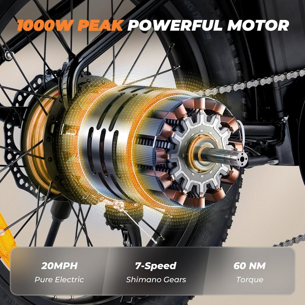 1000W Electric Bike for Adults, Fat Tire Ebikes 20' x 3.0 Electric Bicycle, 50-Mile Long Range, 48V Removable Battery Shock Absorber, 7-Speed Dual Disc Brakes Full Suspension Suitable for Commuting