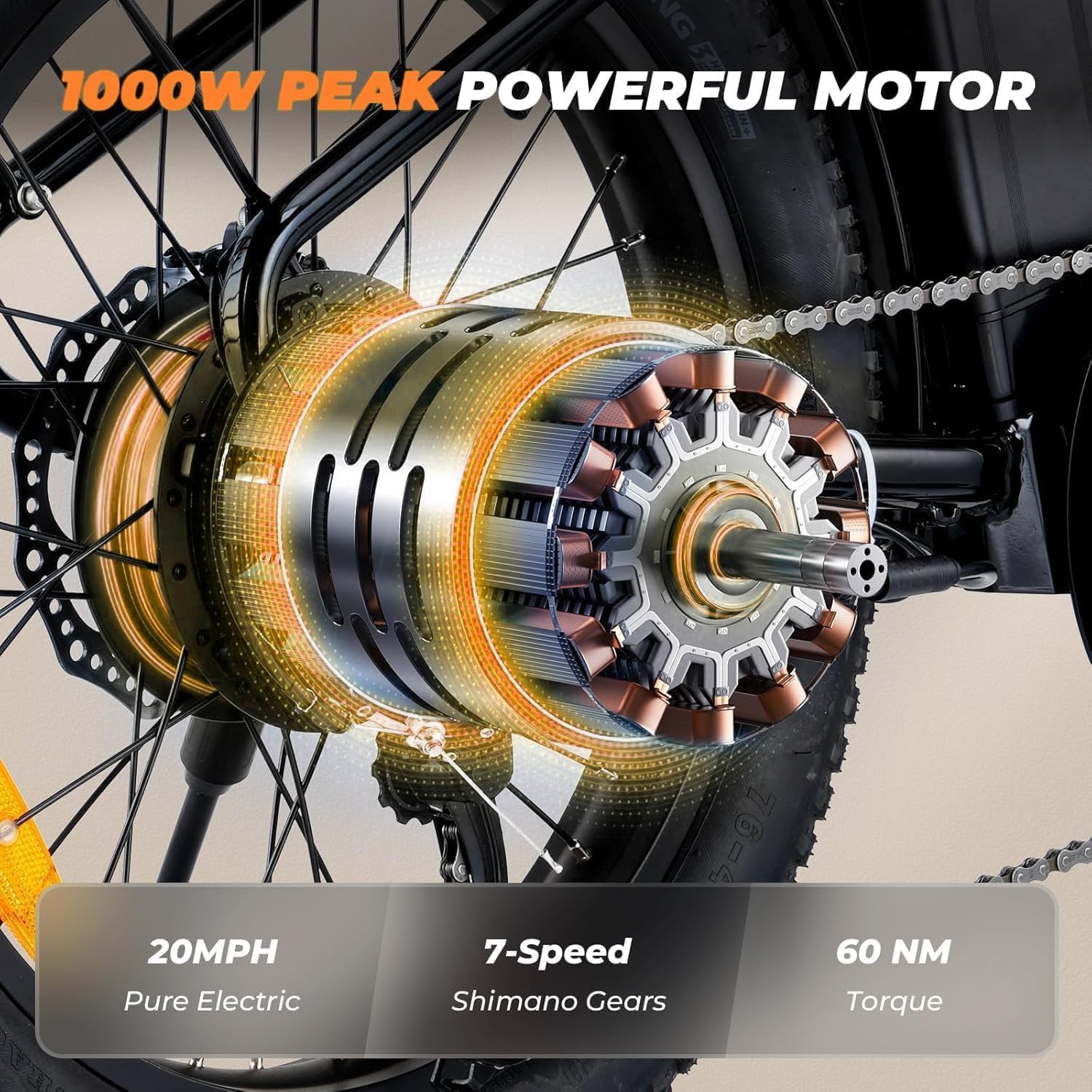 1000W Electric Bike for Adults, Fat Tire Ebikes 20' x 3.0 Electric Bicycle, 50-Mile Long Range, 48V Removable Battery Shock Absorber, 7-Speed Dual Disc Brakes Full Suspension Suitable for Commuting