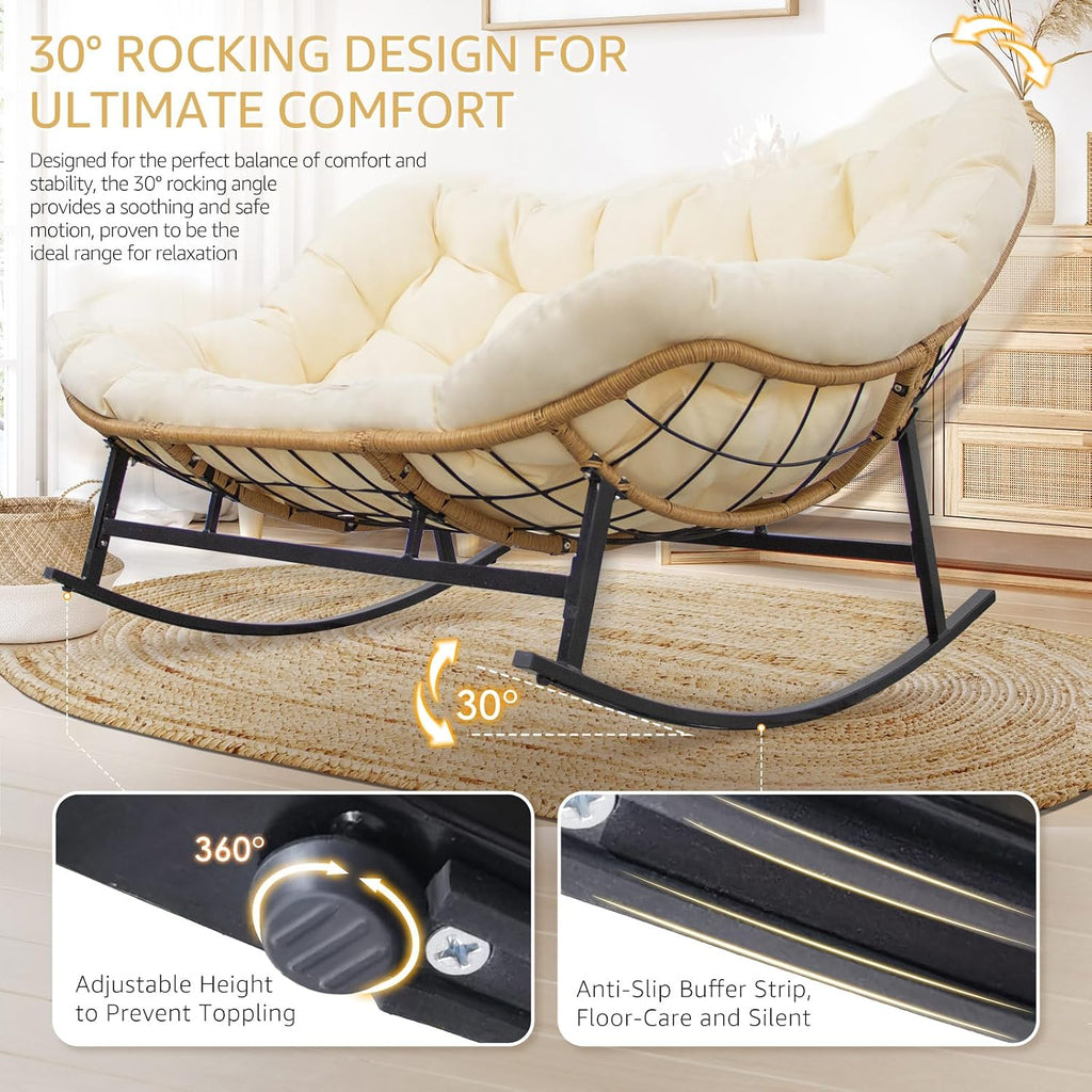 NICESOUL Outdoor Double Egg Rocking Chair, Oversized 2 Person Wide Papasan Rocker, Comfy Padded Recliner Loveseat, 700 lbs Heavy Duty Glider Lounge Chair with Cushion for Outside Backyard Porch, Beige