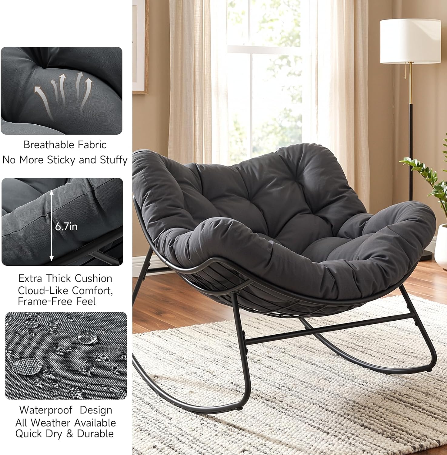 Outdoor Papasan Rocking Chair, 450 lbs Oversized Comfy Patio Chair with Thickened Cushion, Indoor Egg Rocking Lounge Chairs, Rocker Chairs for Patio Porch Garden Living Room Bedroom, Dark Gray