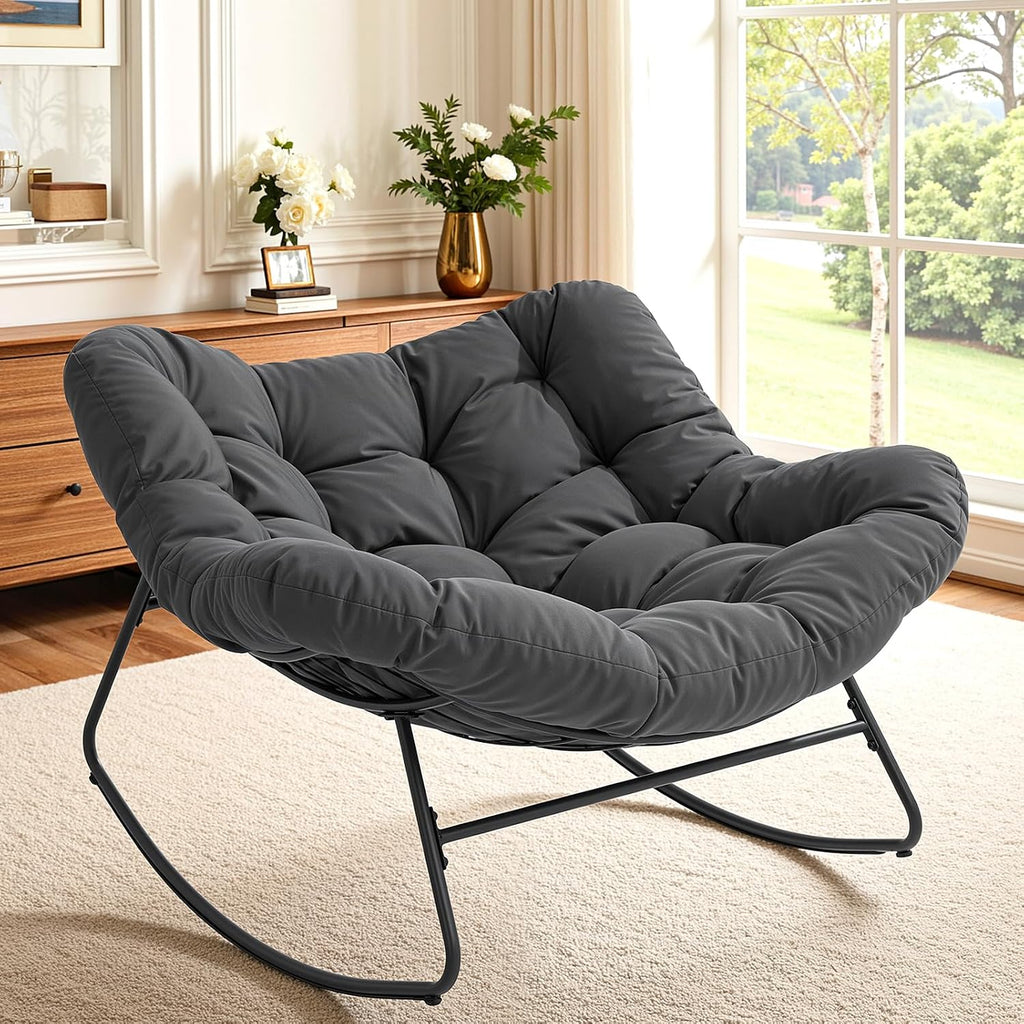 Outdoor Papasan Rocking Chair, 450 lbs Oversized Comfy Patio Chair with Thickened Cushion, Indoor Egg Rocking Lounge Chairs, Rocker Chairs for Patio Porch Garden Living Room Bedroom, Dark Gray