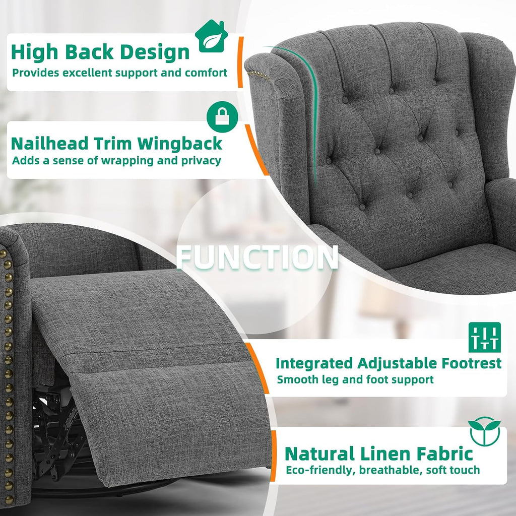 VIVIJASON Power Swivel Rocking Recliner Chair with Massage & Heat, Electric Rocker Glider Chair for Nursery, Wingback Tufted Upholstered Recliner W/Type-C & USB Ports for Living Room, Bedroom, Grey