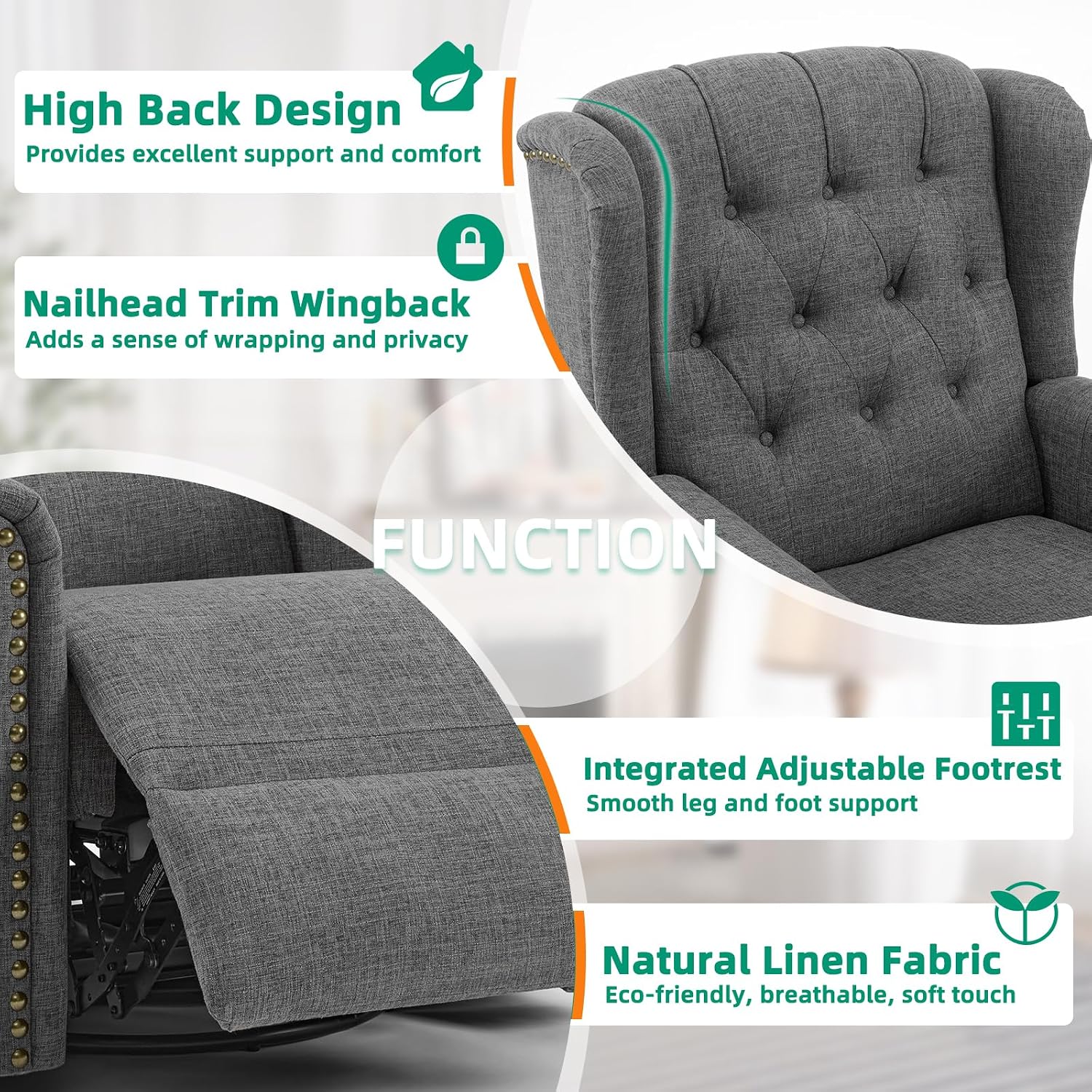 VIVIJASON Power Swivel Rocking Recliner Chair with Massage & Heat, Electric Rocker Glider Chair for Nursery, Wingback Tufted Upholstered Recliner W/Type-C & USB Ports for Living Room, Bedroom, Grey