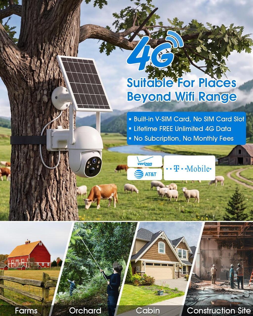 SANSCO 4G LTE Cellular Solar Security Camera Wireless Outdoor, Lifetime Free Unlimited Data, NO WiFi 2K Color Night Vision, PTZ 360 View, 2 Way Audio, Motion Detection, Built-in SIM Card, 64G TF Card
