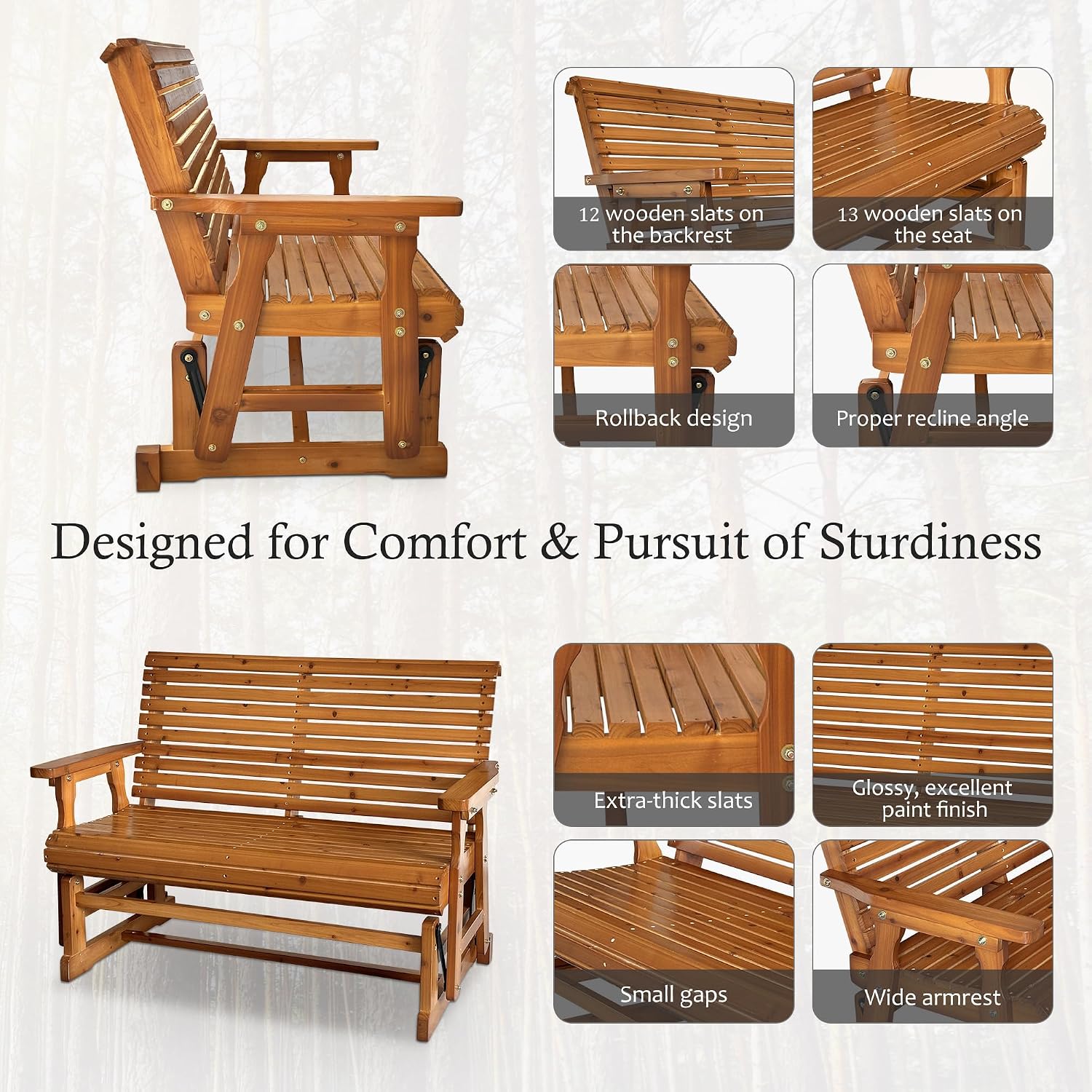 Fortune Candy Wooden Patio Glider with High Roll Back and Deep Contoured Seat, Solid Fir Wood, 2-Seater, Heavy Duty 800 LBS, 4 Ft. (PU Brown)