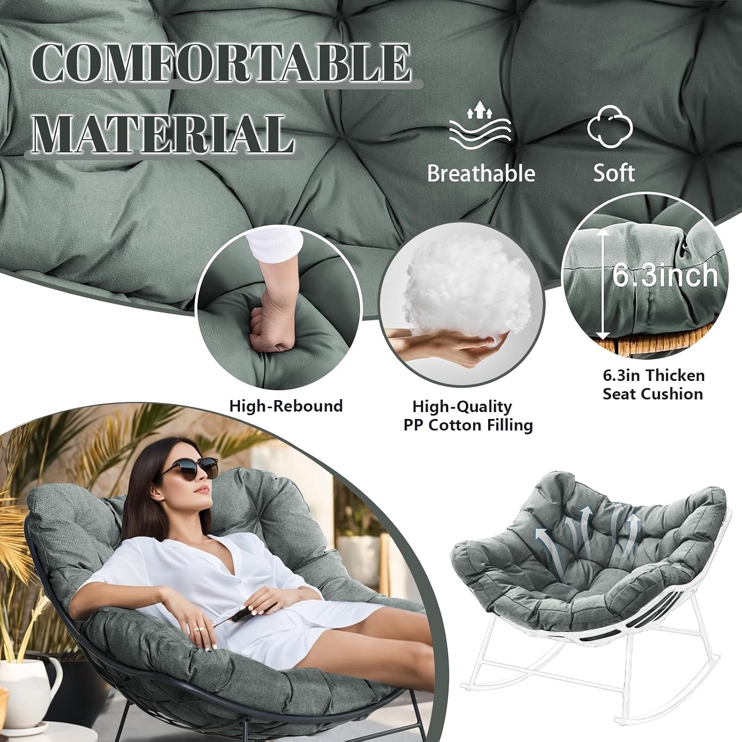 Outdoor Rocking Chair Cushions Replacement, 6''Thick Waterproof & Fade Resistant Papasan Chair Cushion with 6 Straps,Tufted Egg Chair Cushion for Indoor & Outdoor (Light Gray)