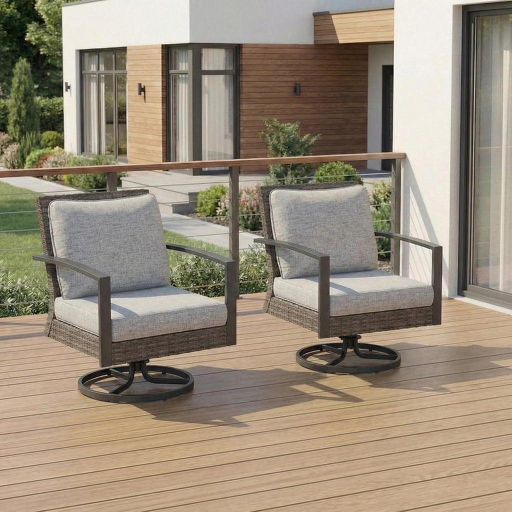 Green4ever Patio Swivel Dining Chairs Set of 2 with 360-Degree Rotating, Metal Outdoor Rocking Chair, All Weather Rattan Patio Chairs for Balcony, Porch, Bistro, Gray