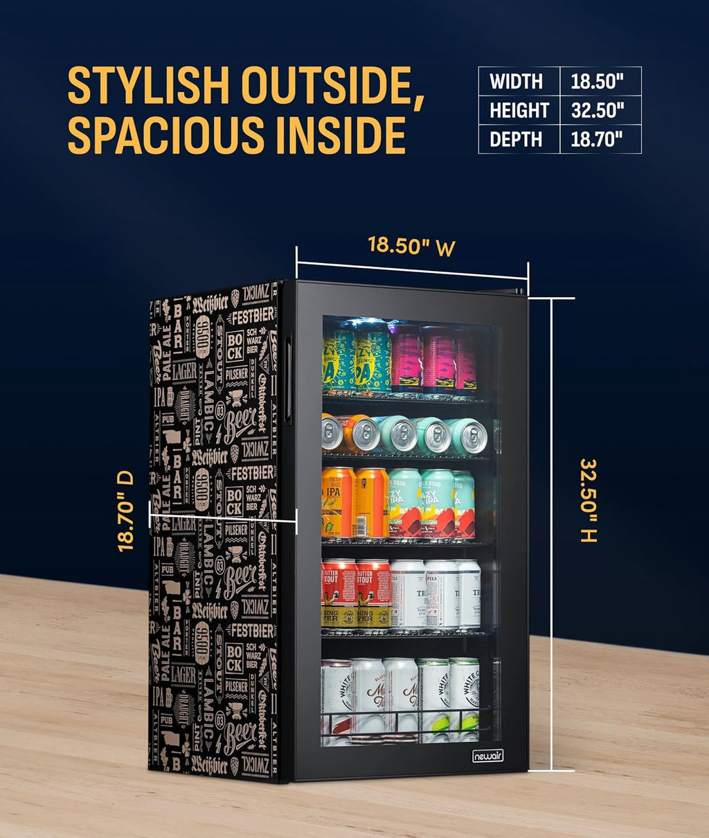 NewAir 126 Can Beverage Refrigerator | Freestanding Mini Fridge for Home Bar or Office | SplitShelf Storage, 32°F Cooling & LED Lighting | 'Beers of the World' Design