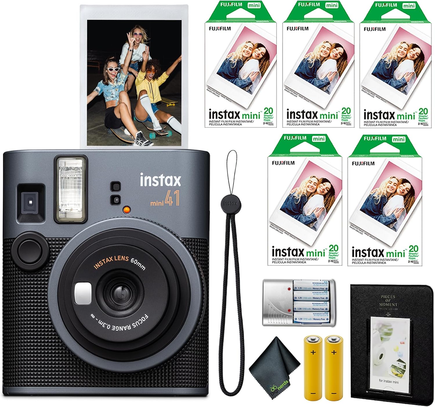 FujiFilm Instax Mini 41 Instant Film Camera Bundle with Fuji Instant-mini Film Value Pack (100 Sheets) + 4X Rechargeable AA Batteries with Charger + Photo Album – 64 Pockets + More