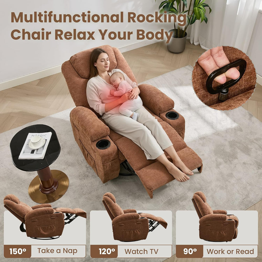 GarveeHome Recliner Chair, 360 Swivel Rocker Recliner Chair for Adults with Massage and Heat, Manual Glider Rocking Chairs for Living Room, Nursery