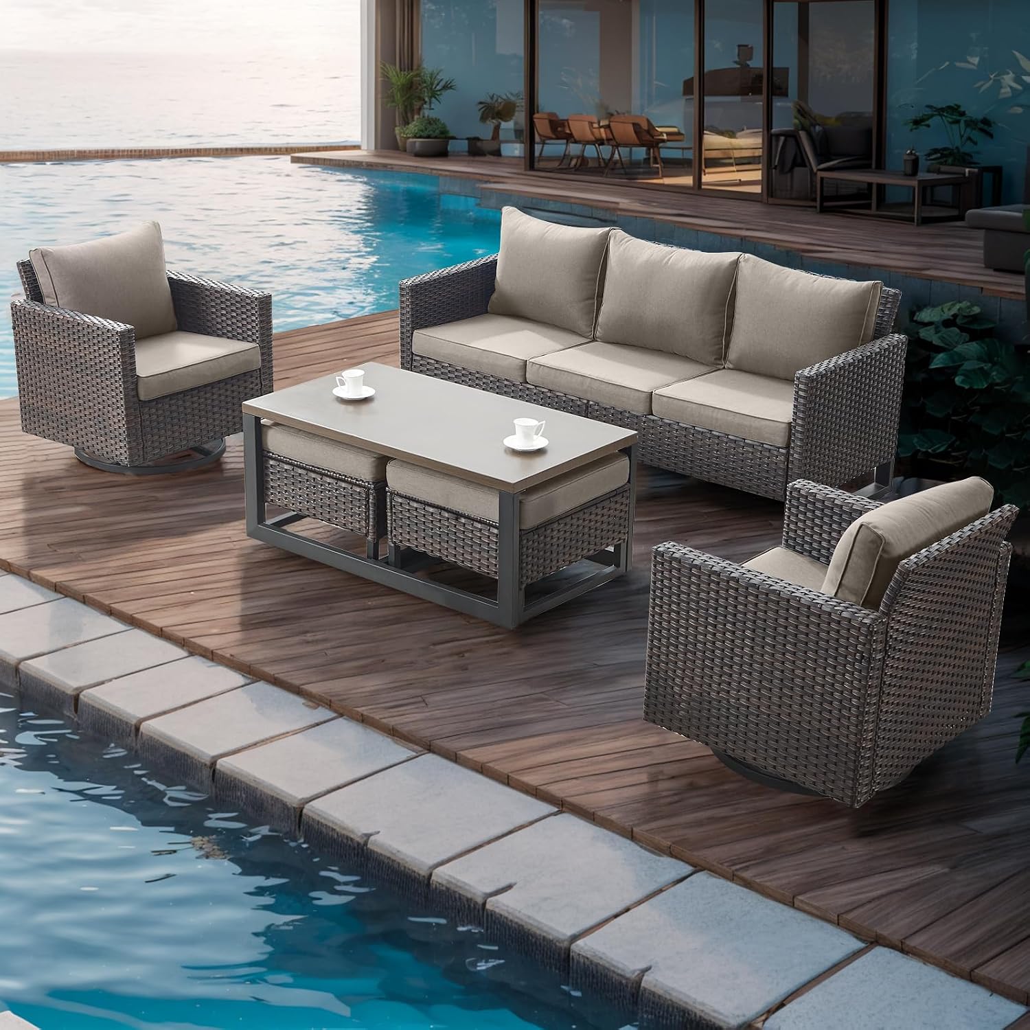 Luxury Wicker Outdoor Patio Furniture Set - 6 Piece Patio Conversation Set with 2 Swivel Rocker Chairs,2 Rattan Ottoman,1 Couch and 1 Metal Coffee Table for Outside Porch Deck Backyard(Brown/Grey)