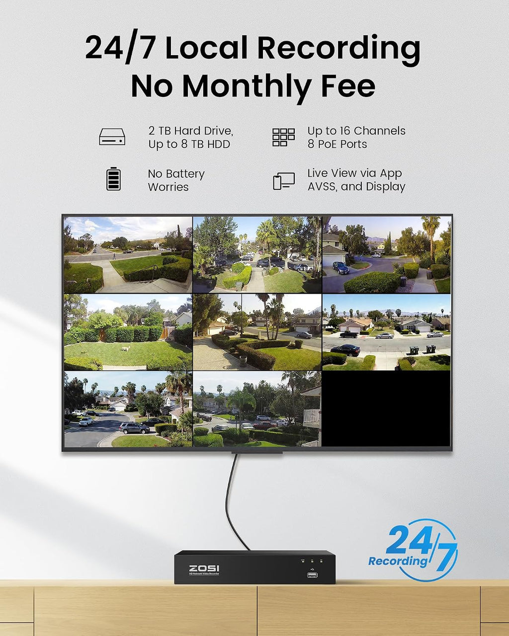 ZOSI 4K POE Security Camera System Outdoor, 4PCS 4K Spotlight Wired Cameras for Home Security, Person Vehicle Detection, Color Night Vision, 8 Ports 16CH 8MP NVR with 2TB HDD for 24/7 Recording