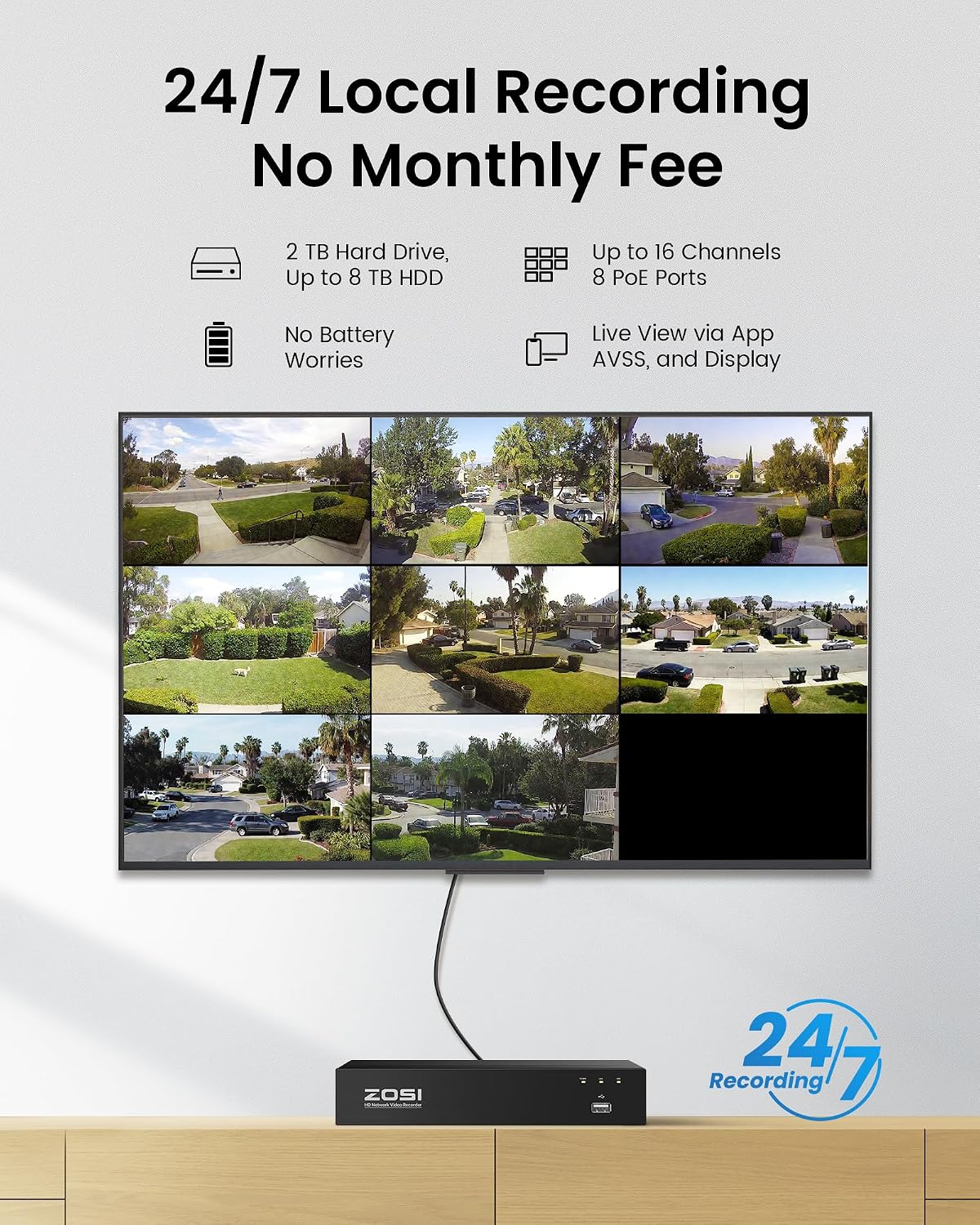 ZOSI 4K Security PoE Camera System with Person Vehicle Detection,8pcs 4K Outdoor Indoor IP Cameras,2 Way Audio,Night Vision,Sound Light Alarm,8 Ports 16CH 8MP NVR with 2TB HDD for Home 24/7 Recording