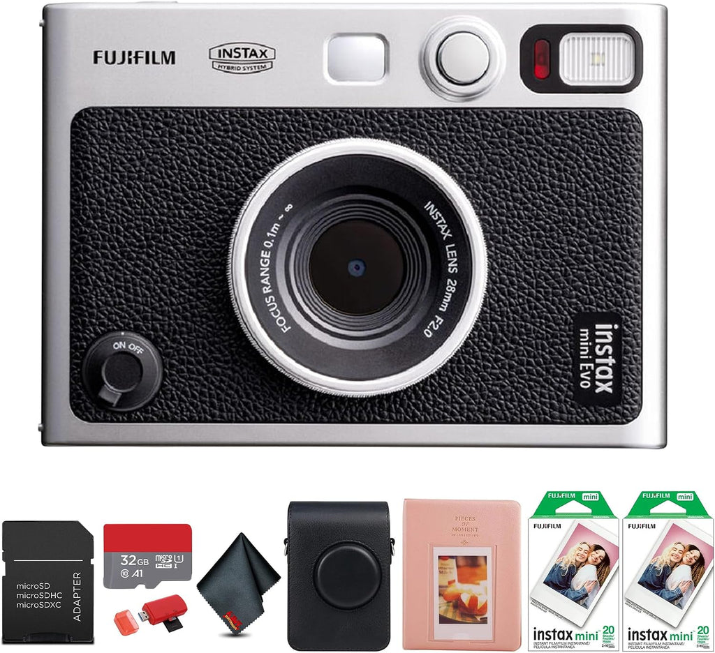FUJIFILM INSTAX MINI EVO Hybrid Instant Camera (Black) Bundle with 40 Instant Film Sheets + 32GB Memory Card + Carrying Case + Photo Album 64 Pockets + Microfiber Cleaning Cloth
