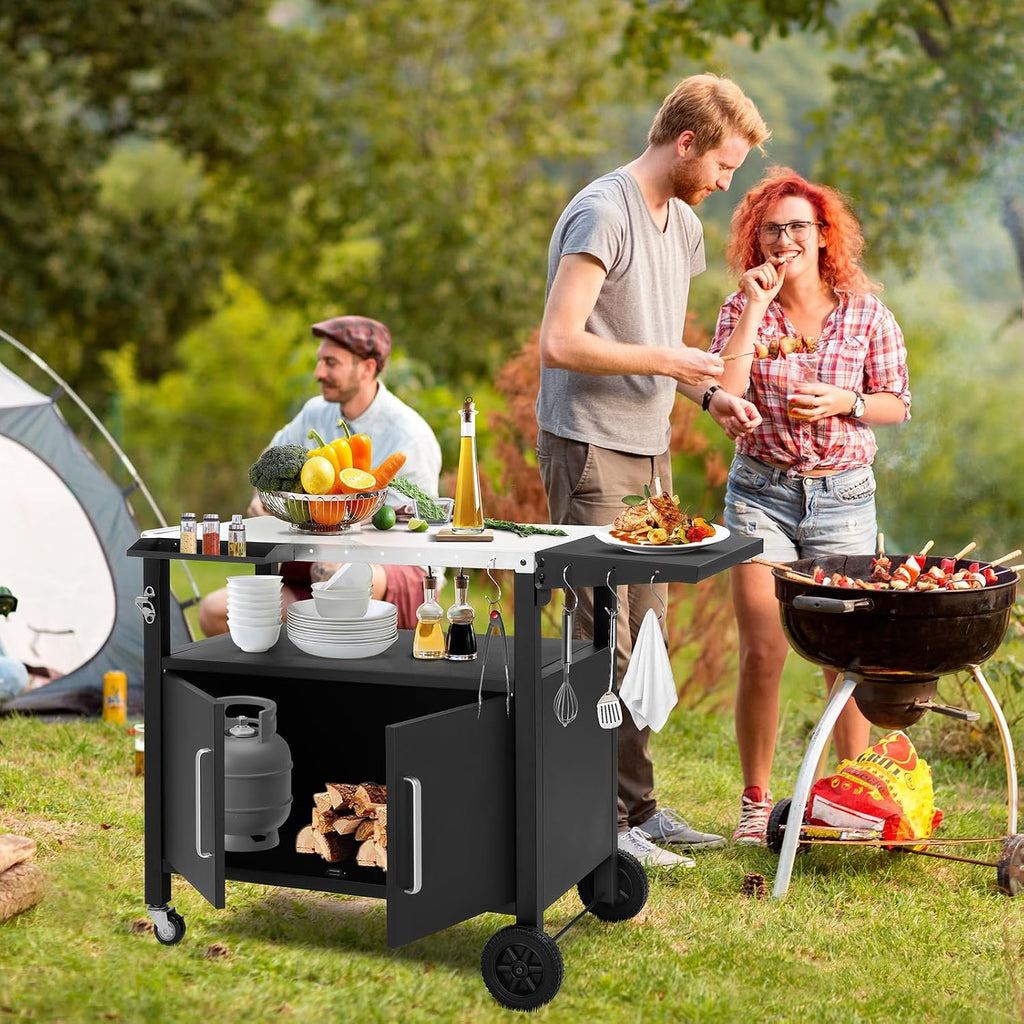 Outvita Outdoor Grill Cart with Storage, Bar Patio Kitchen Island Outdoor Grill Table, BBQ Cart Movable Pizza Oven Table Stand with Wheels, Stainless Steel Top, Side Handle & Storage Cabinet, Foldable