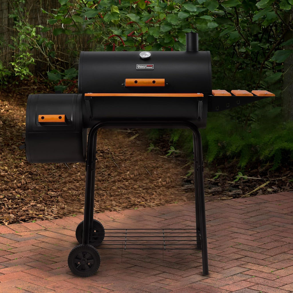 Royal Gourmet CC1624W Barrel Charcoal Grill with Offset Smoker, 552 Sq. In. Cooking Area, Wooden Front and Side Shelf with Hooks, Mesh Bottom Shelf, Charcoal Grill for Outdoor Grilling, Black