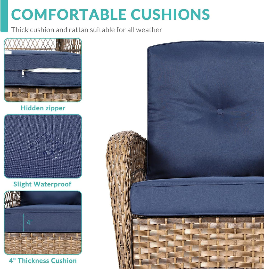 MEETWARM Outdoor Wicker Rocking Chair, Rattan Patio Rocker Chairs with Cushions and High Back, All-Weather Patio Wicker Chair with Safe Rocking Design for Garden Backyard Porch, Brown/Navy Blue