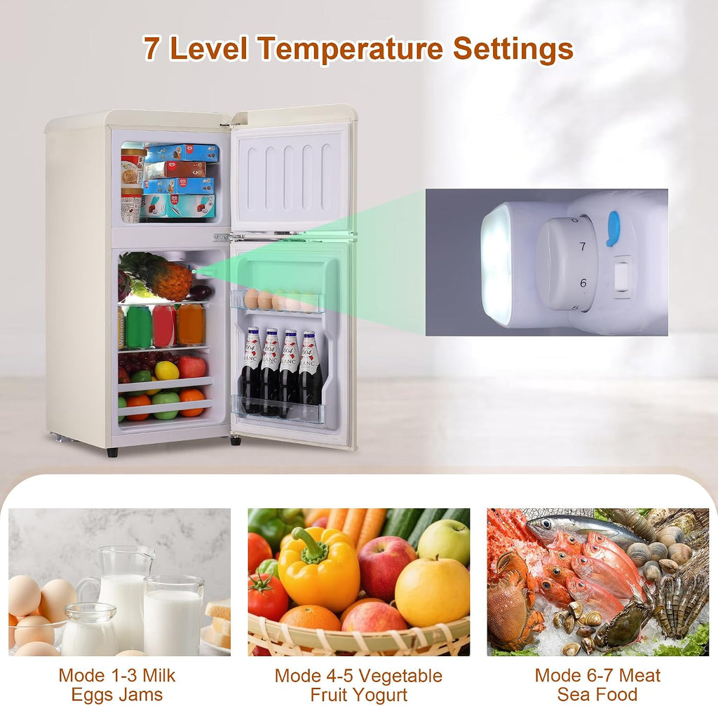 Retro Mini Fridge with Freezer 3.5 Cu. Ft, Small Refrigerator with 7 Level Adjustable Thermostat, Compact Classic Dual Door Fridge Removable Glass Shelves for Apartments, Dorm, Office, Cream