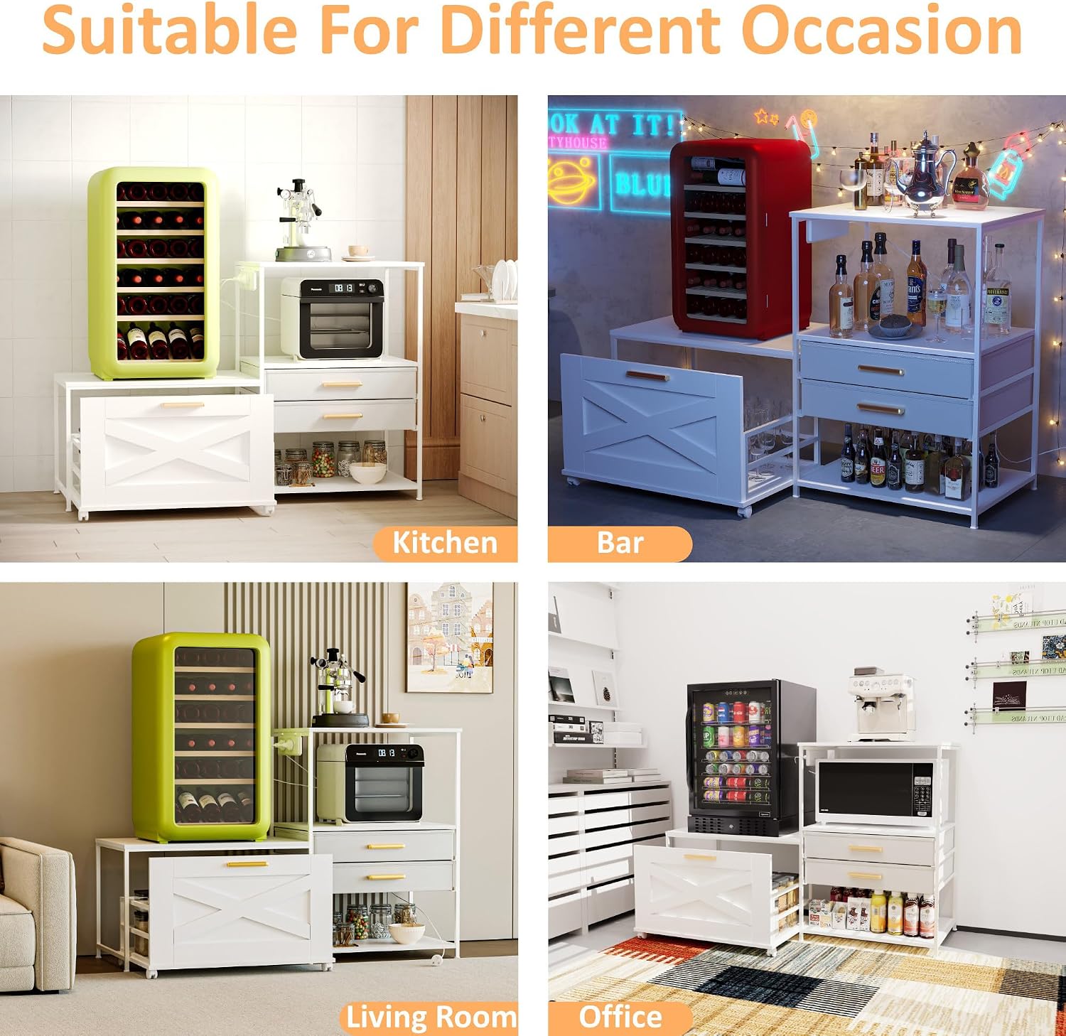 Mini Fridge Stand with Storage Drawers, Farmhouse Mini Fridge and Microwave Stand with Power Outlet & Cabinet, Kitchen Bakers Rack with Storage Shelf and for Home Dorm Office Bar, White