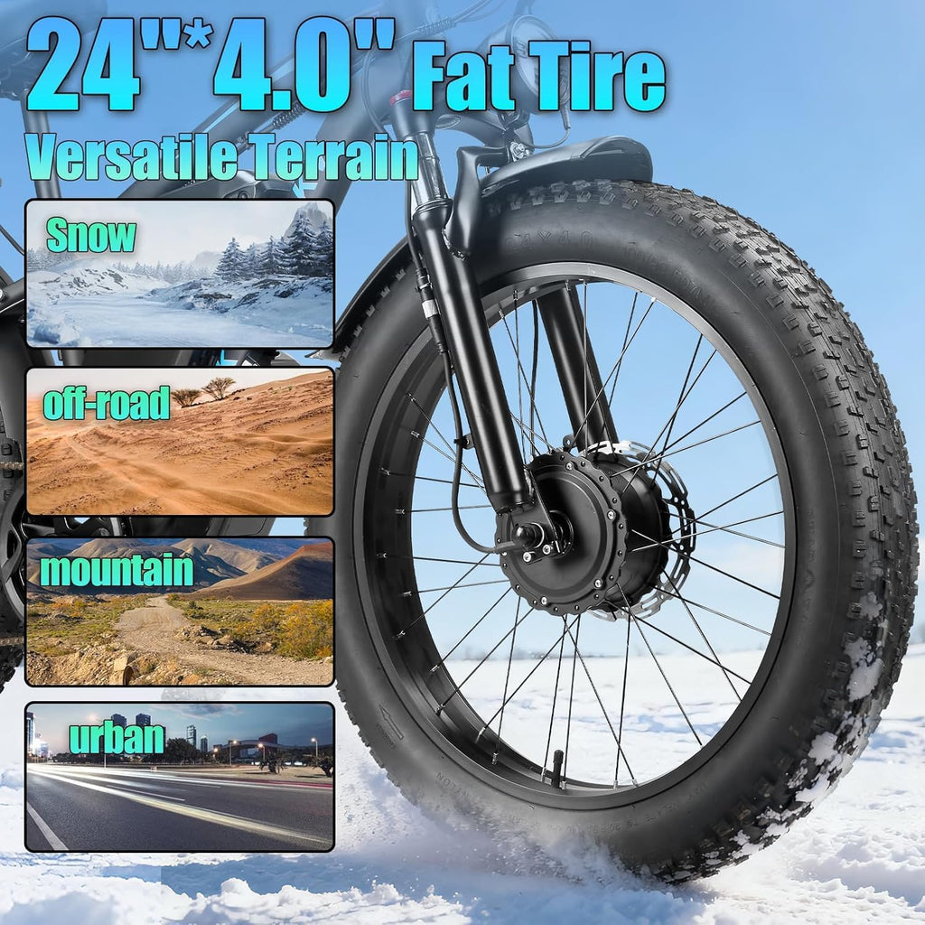 9000W Peak Electric Bike for Adults,58V Max-Output 1972Wh Dual Motor Ebike,47MPH 105 Miles Long Range,24' x4.0 Fat Tire Lockable Suspension Electric Bicycle for Off-Road Mountain Commuter