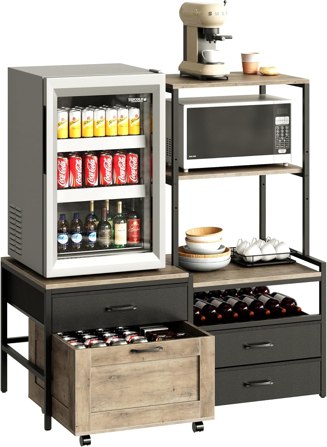 Herture Mini Fridge Stand with Wine Rack, Kitchen Bakers Rack with Power Outlet, Microwave Oven Stand, Coffee Bar, Movable Drawers, for Dorm,Office, Grey HB04BXZ