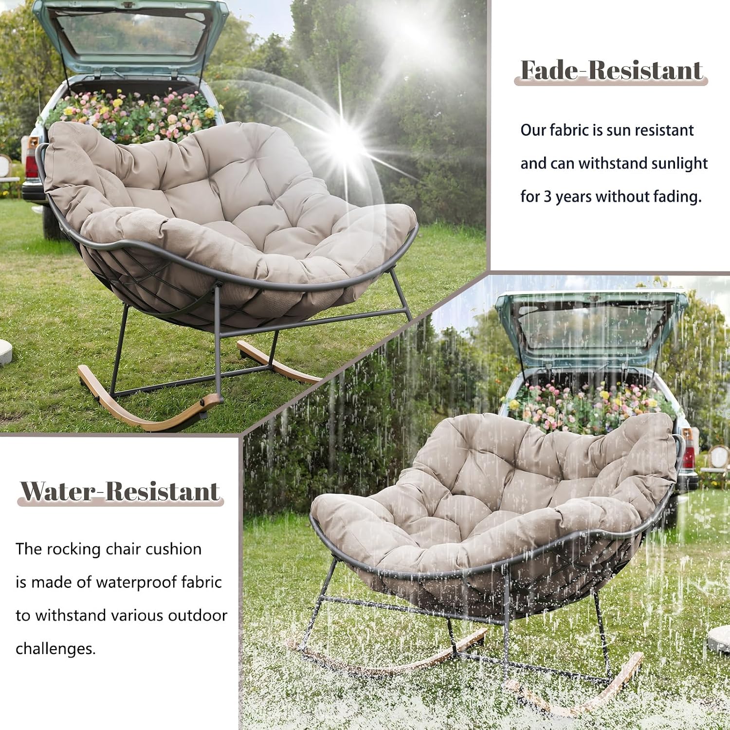 Outdoor Rocking Chair Cushions Replacement, 6''Thick Waterproof & Fade Resistant Papasan Chair Cushion with 6 Straps,Tufted Egg Chair Cushion for Indoor & Outdoor (Khaki)