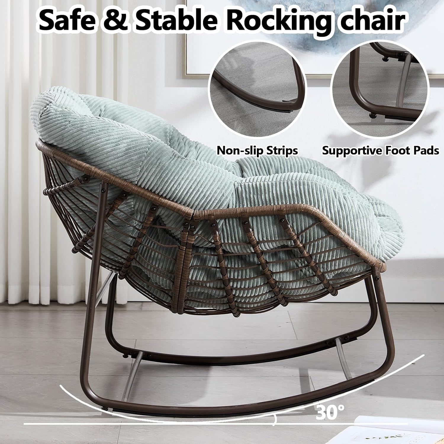 37' Papasan Rocking Chair with Cushion and Steel Frame, Oversized Outdoor Egg Rocking Chair, Rattan Circle Chairs for Grand Patio and Garden (Mint Green)