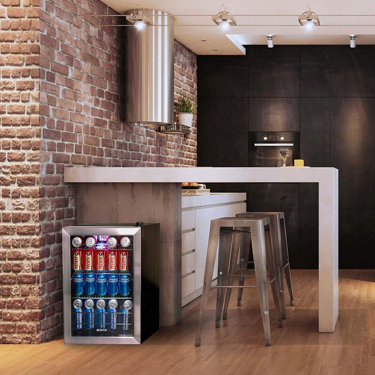 NewAir 90 Can Beverage Refrigerator | 17' Freestanding Small Mini Fridge for Bedroom, Home Bar or Office | Quiet Compressor Cooling & Adjustable Shelves | Stainless Steel
